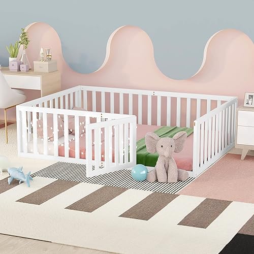 Miniatura 51 de P PURLOVE Cama de suelo de madera tamaño Queen, marco de cama con barandilla en forma de valla y puerta que se puede cerrar para niños y niñas,