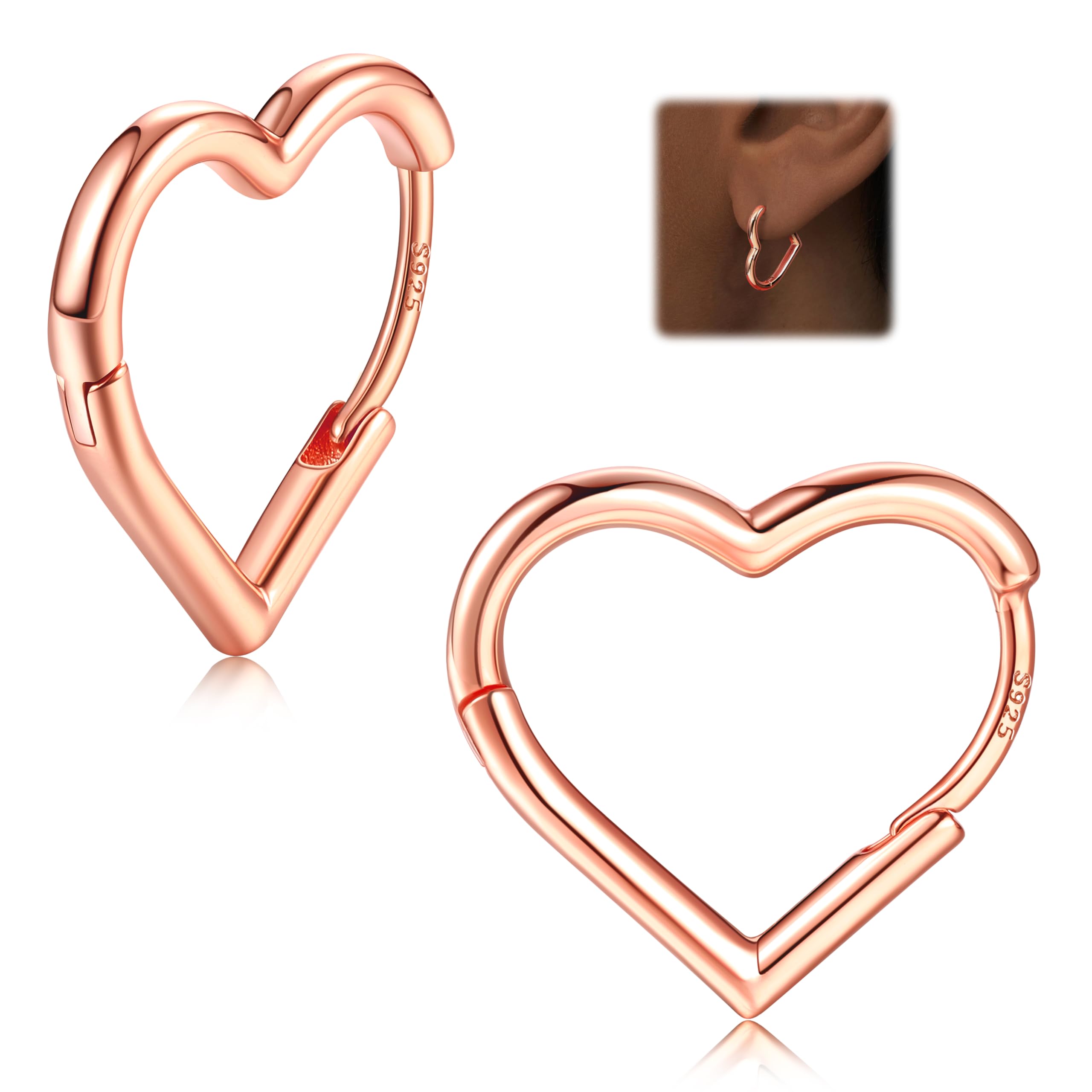 LOLIAS925 Sterling Silver Heart Hoop Earrings for Women Girls 14K Gold Earrings Cute Small Heart Hoops Drop Love Earring Rosegold Lightweight Sleeper Earrings Silver Earrings Women 16MMRecycled Claim Standard 100