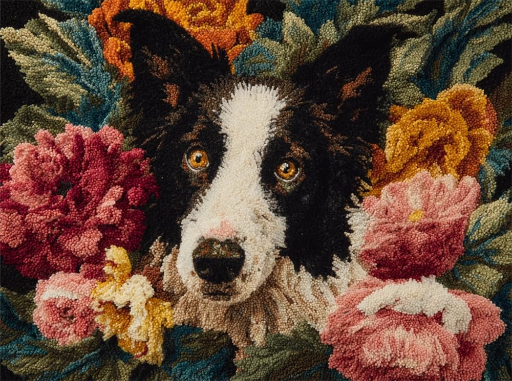 FWRTYCB Latch Hook Kitsflowers and A Border Collie Pattern 20X15Inch