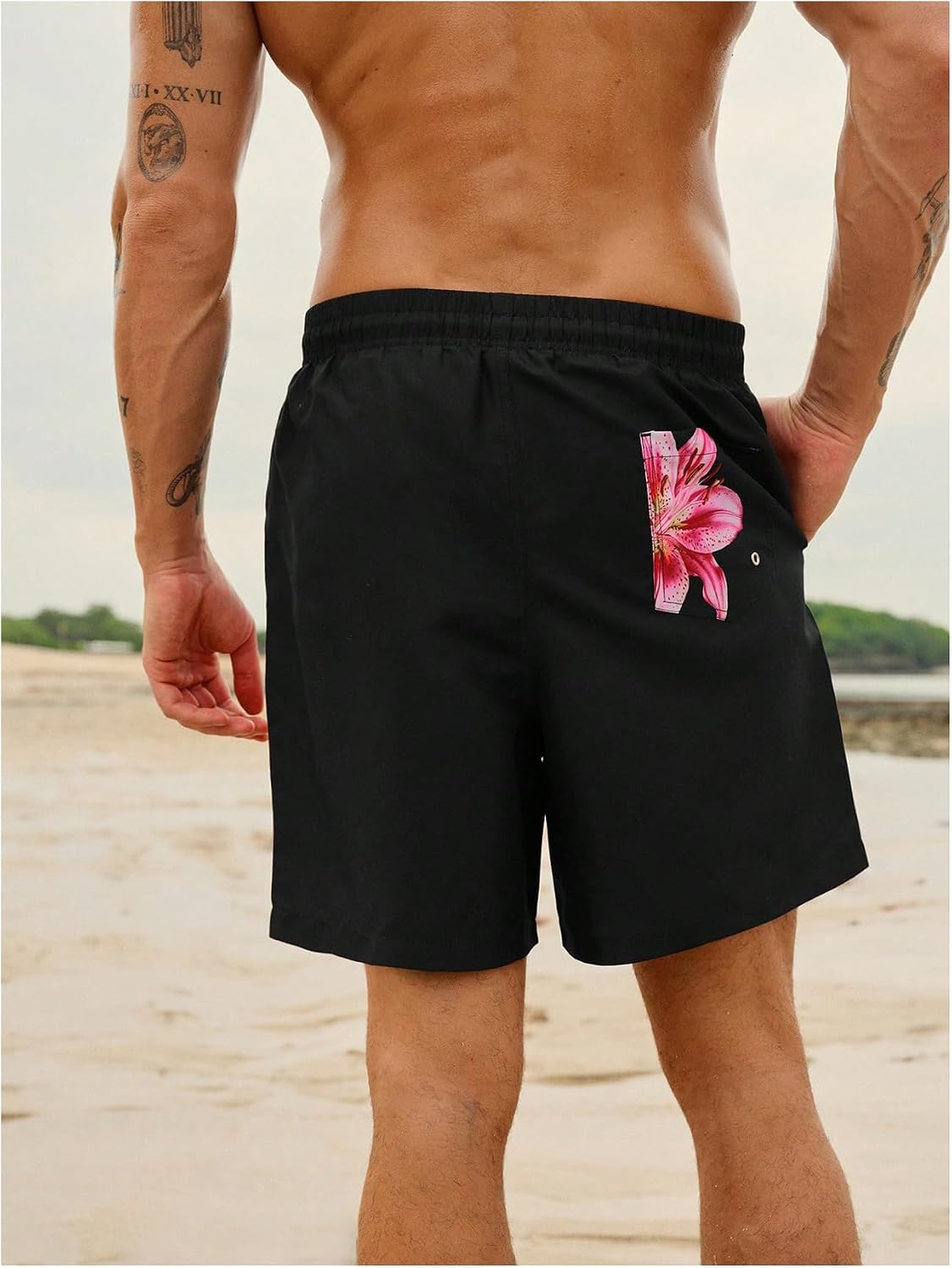 Floerns Men's Floral Swim Trunks Drawstring Elastic Waist Summer Board Shorts with Pockets