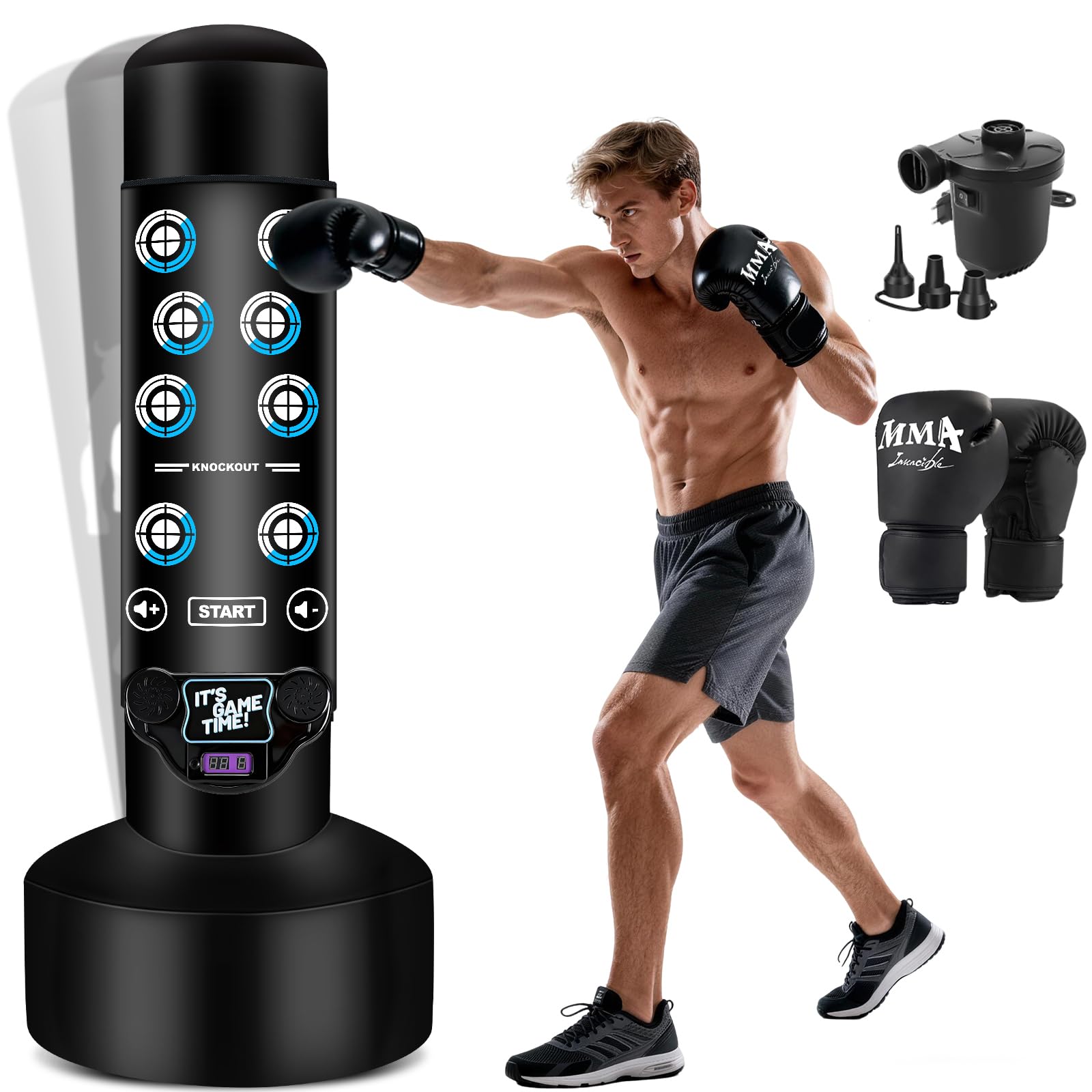 NZQXJXZ Verbesserter Boxsack Stehend mit interaktiver Musikmatte, 175cm Boxsack Erwachsene mit Punktestandanzeige, Licht- und Musikmatte, Kickboxen für Anfänger, MMA-Training