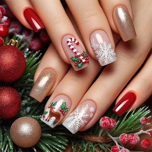 Christmas Press on Nails Square Medium Length Fake Nails Xmas