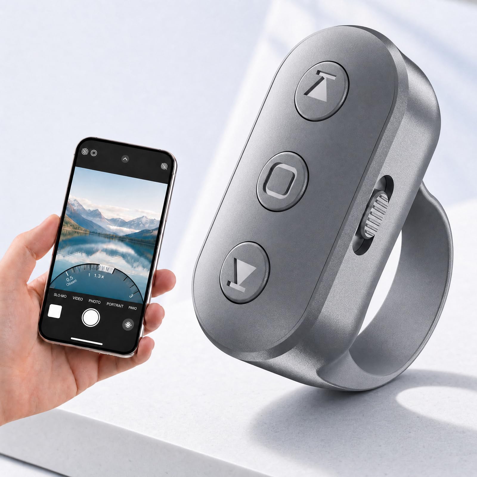 Telefonkamera-Ring-Fernbedienung mit Zoom/Out, wiederaufladbarer Auslöser mit Front-/Rückkameraschalter für iPhone, Android, iPad, Freisprech-Fernbedienung für Foto- und Videoaufnahmen, Content