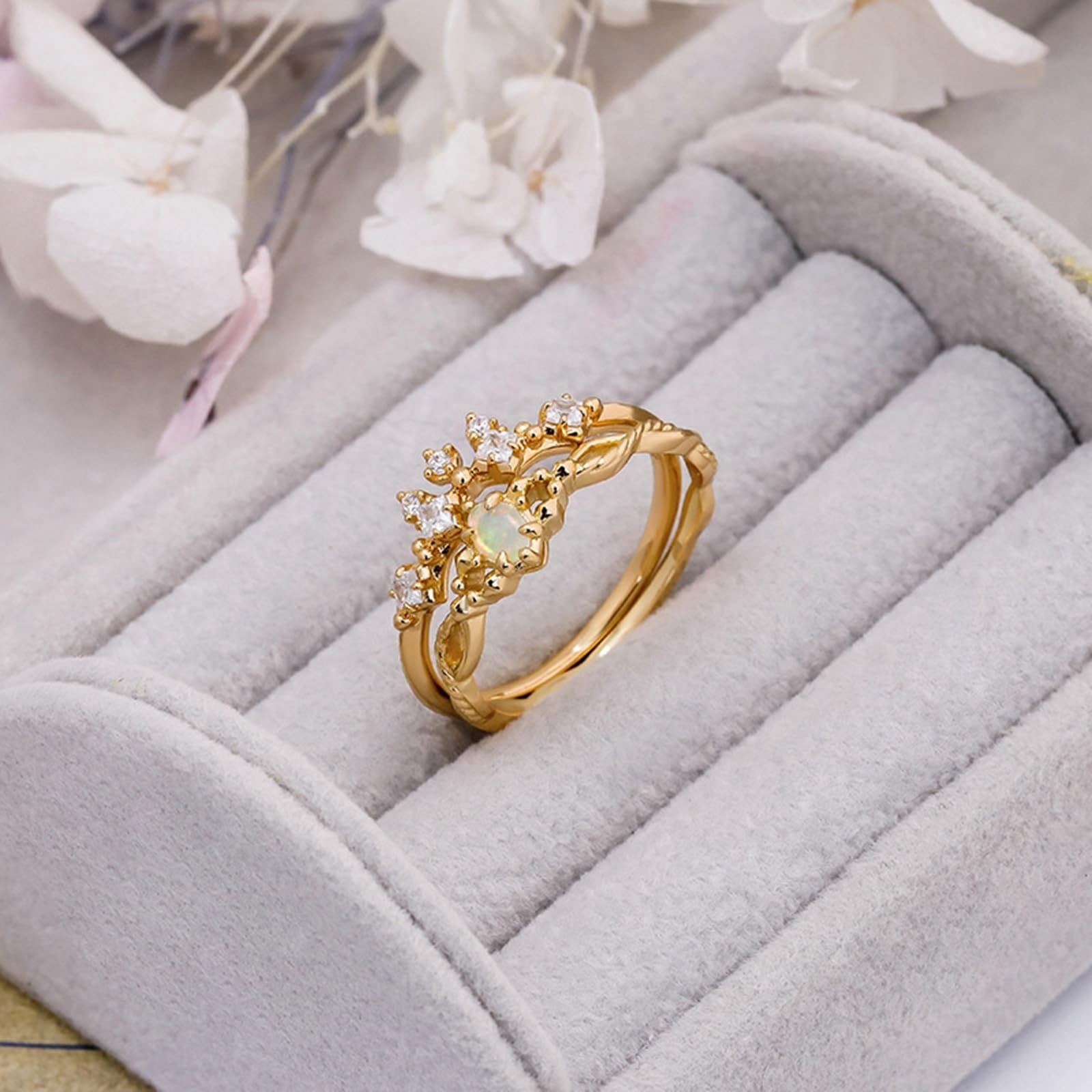 Alianzas de boda de oro auténtico, 9 K/14 K/18 K con ópalo ovalado, anillo de boda vintage delicado