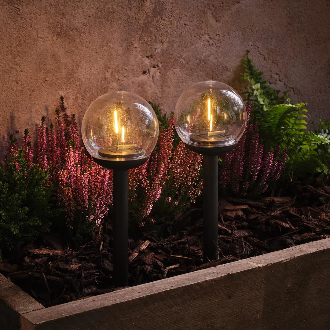 Lights4fun Set of 2 Globe Filament Solar Stake Lights with Warm White LEDs, Outdoor Garden Path Lights for Patios & Driveways