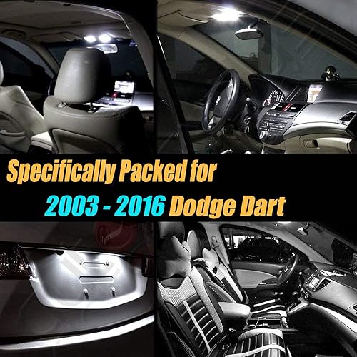 Miniatura 2 de Paquete de 8 bombillas LED para interior de automóvil, color blanco superblanco, 6000 K, compatible con Dodge Dart 2013-2016