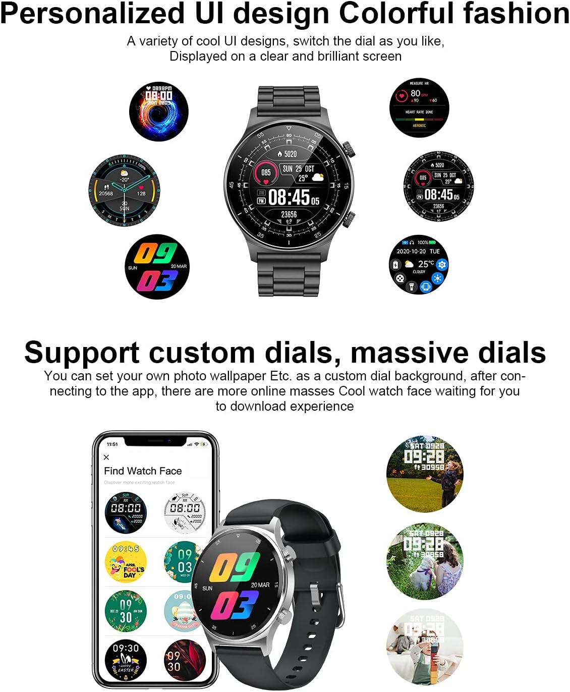 LIGE Smart Watch for Android iOS, 1.32" DIY Full Touch Screen Bluetooth SMS Fitness Tracker with Heart Rate Sleep Monitor, IP67 Waterproof Stainless Steel Activity Tracker for Men
