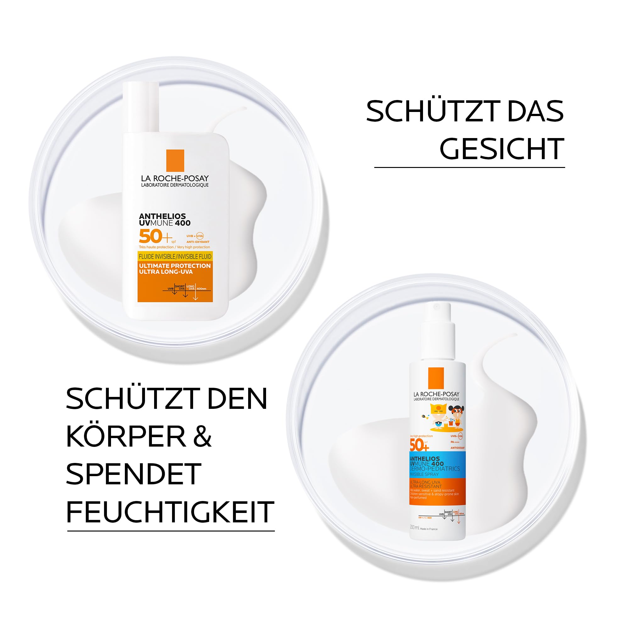 La Roche-Posay Anthelios Set mit Sonnenspray für Kinder und UVMune 400 Invisible Fluid, Für empfindliche und zu Neurodermitis neigende Haut, UVA-/UVB-Schutz, mit LSF50+, Mexoryl 400, 200 ml + 50 ml