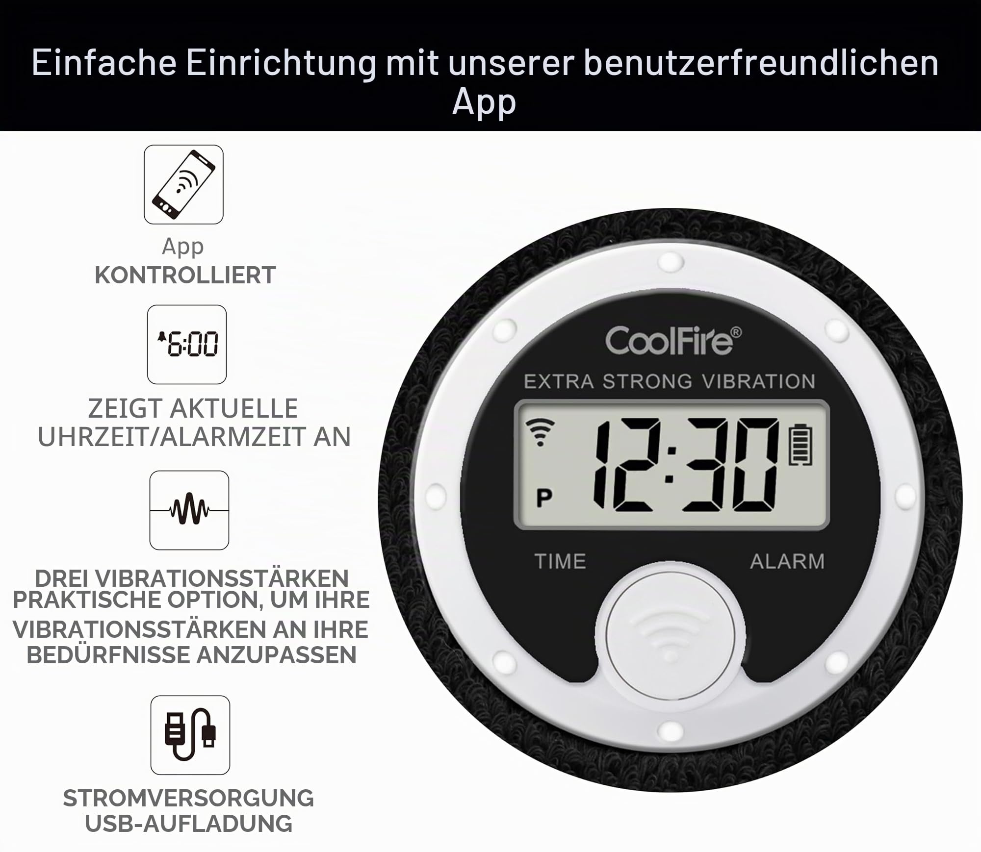 Coolfire - Vibrating Alarm Clock Sweatband, Silent Wake Yourself Up Wristband Vibrating Alarm Watch for Couples, Students, Easy to Set on User-Friendly App, Hearing Impaired, USB Chargeable