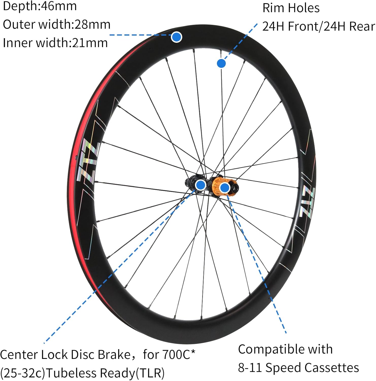 ZTZ 700C Carbon Road Bike Wheelset, Ultralight 37/46mm Disc Brake Bike Wheels,Front & Rear 24H High-Strength 700c Clincher Rims, Compatible with 8-11 Speed Cassettes