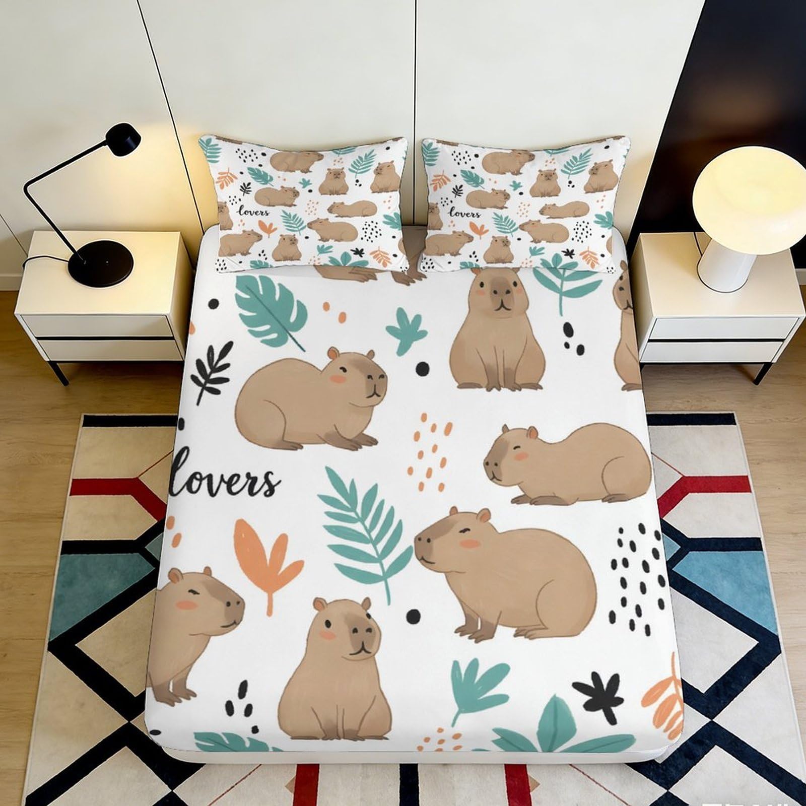 Pnayamiorkfel Style-3 3D Printed Capybara Lovers Fitted Sheet Microfiber Anti-Slip Mattress Cover Cartoon Animal Leaf Pattern For Bedroom Guest Room Easy Care 90X200x25cm