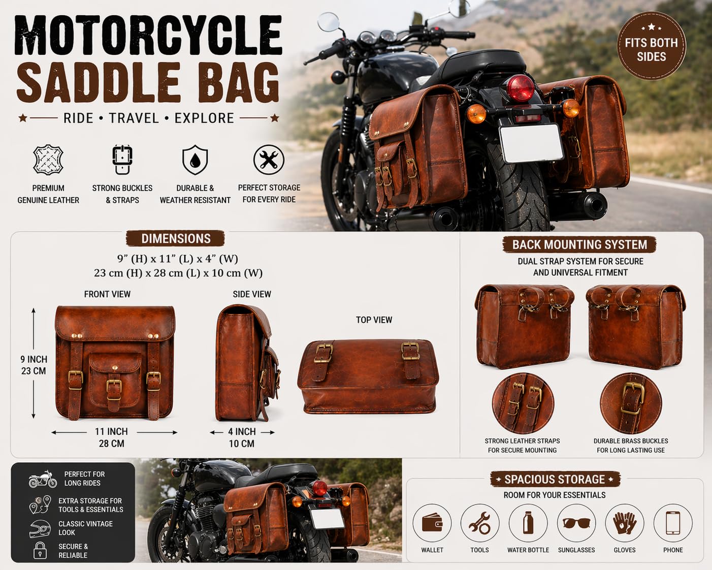 Borsa da moto in pelle 2X Borsa da sella originale Borsa a tracolla in pelle da bici|Borsa per attrezzi Borsa da viaggio con manubrio marrone Sissy bar, borse laterali da sella Set di 2