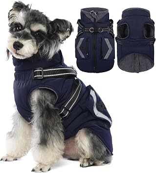 FUAMEY Dog Winter Coat Reflective Strips, Cozy Dogs Jacket with Harness Back Zipper, Fleece Lined Puppy Vest Thermal Clothes, Dog Cover for Cold Weather Snow Outfits, French Bulldogs Dark Blue, M