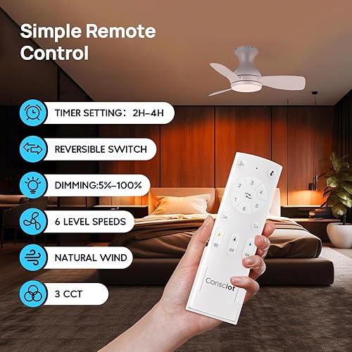 Miniatura 2 de Consciot - Ventilador de techo con control remoto y luces, moderno, perfil bajo, blanco, 30 pulgadas, con montaje empotrado, motor CC silencioso y