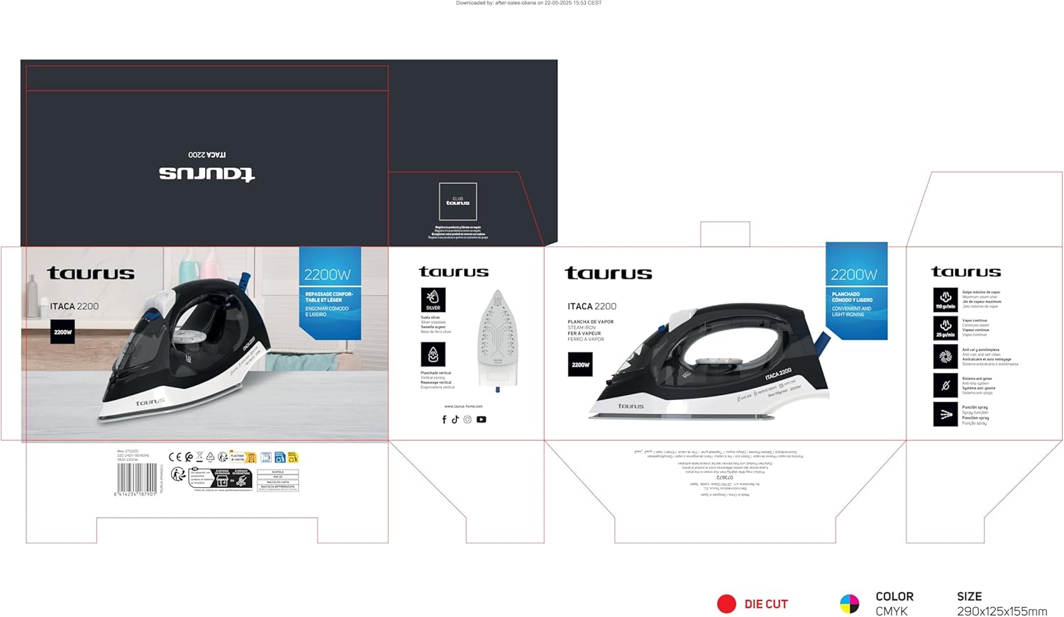 Taurus Itaca 220 Steam Iron, 2200 W, Steam Boost 110 g/min, Silver Sole, Anti-Lime, Drip-Free, Self-Cleaning, Acoustic/Visual Warning, Spray, Vertical Ironing, Black/Blue/White