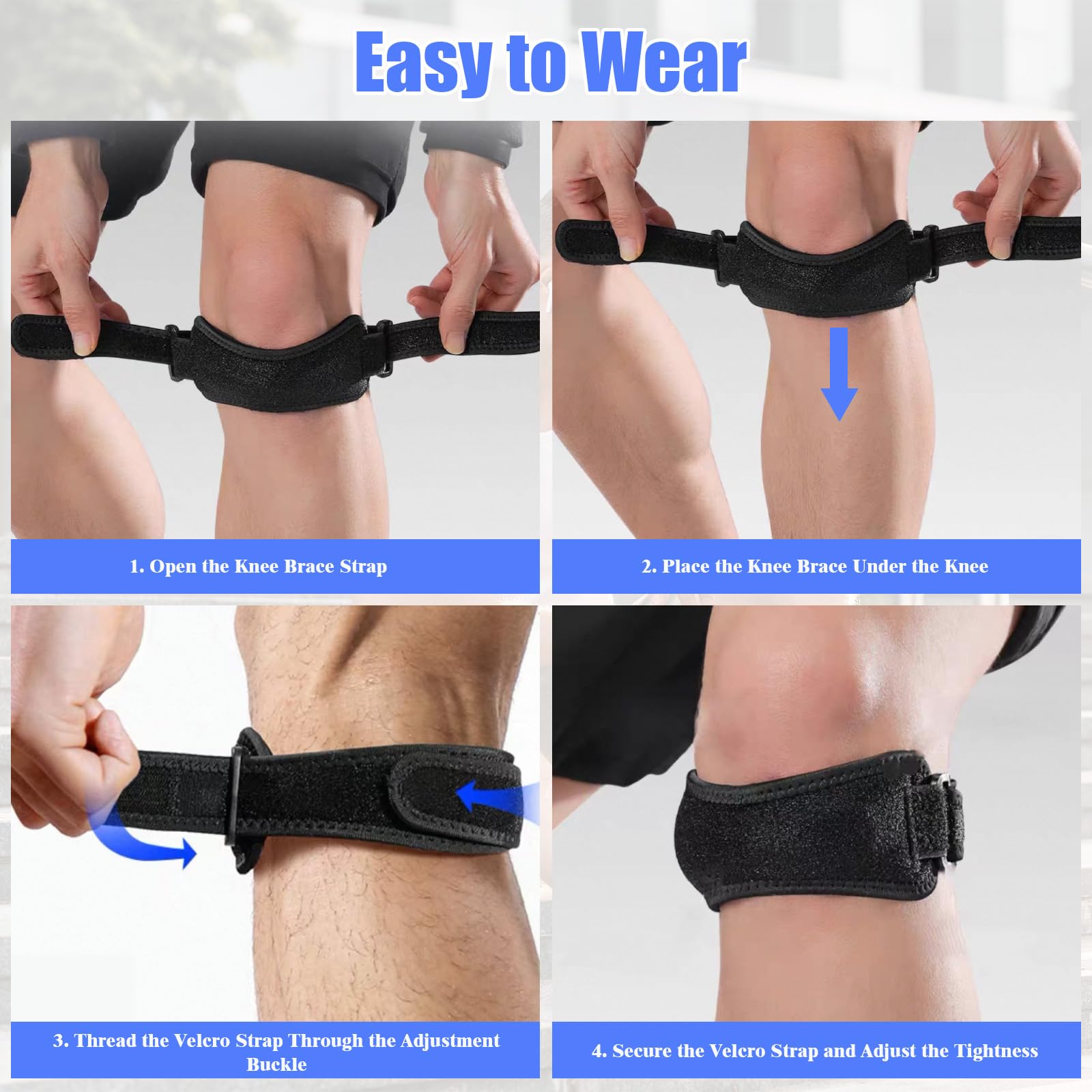 2 Piezas Rodillera Rotuliana Ajustable, Cinta Rotuliana, Rodilleras Menisco y Ligamento con Correa para Tendón Rotuliano, para Senderismo, Saltar, Fútbol, Alivio de la Tendinitis, Negro
