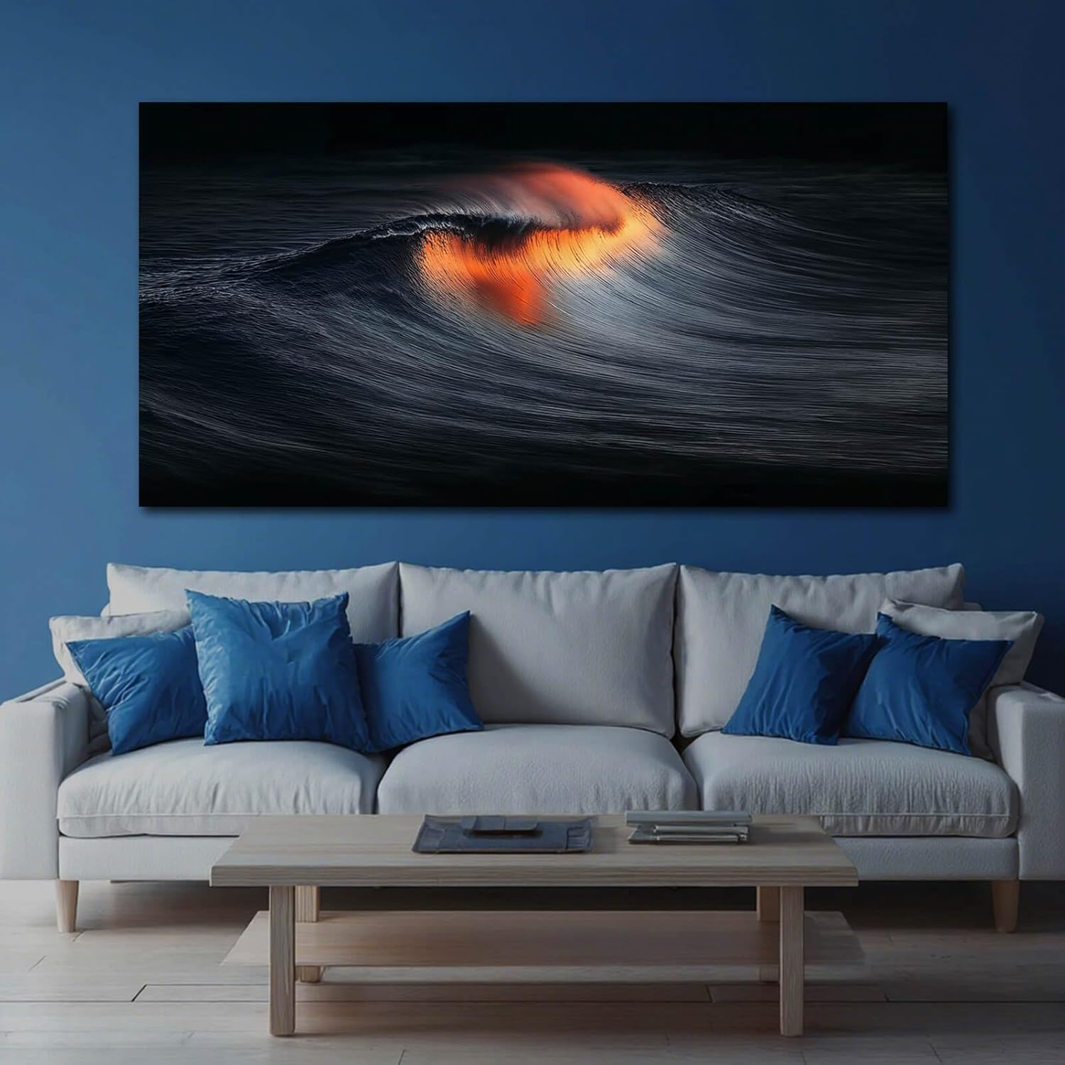 YETHEN WAL Black Ocean Wave Wall Art Glowing Sunset Canvas Prints Abstract Seascape Artwork for Living Room Bedroom Office Decor 29x58 Inch