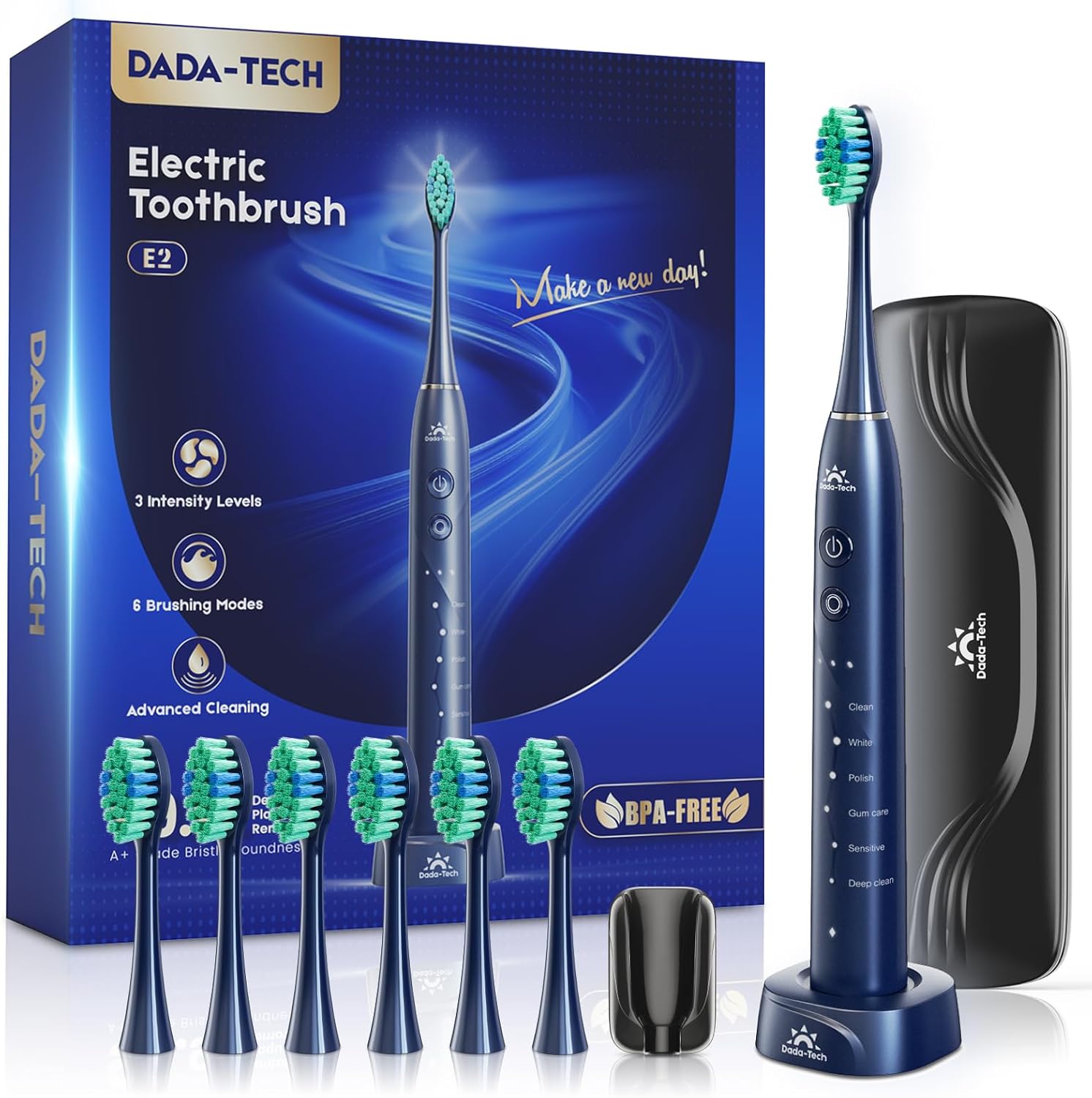 Electric Toothbrush for Adults Kids Electric Toothbrush Rechargeable Sonic Toothbrush Ultrasonic Toothbrush with Travel Case, Holder & 7 Brush Heads, 6 Modes & 3 Intensities, 2-Minute Timer (Blue)