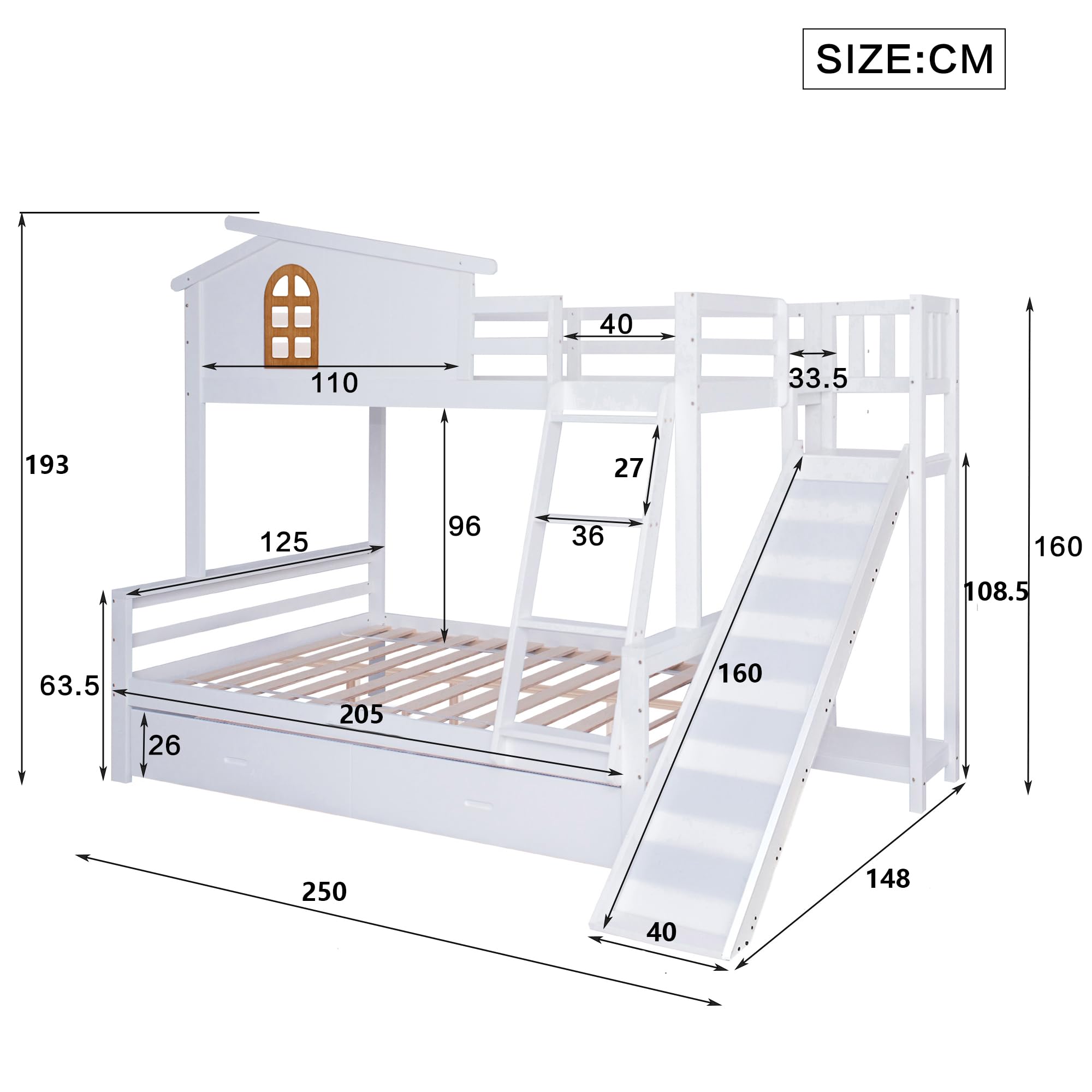 Letto a castello con finestre e scale ribaltabili a quattro livelli, bambini e letto madre con scivolo, telaio in legno massello bianco, 90 x 200 cm e 120 x 200 cm (letto a castello + 1 letto