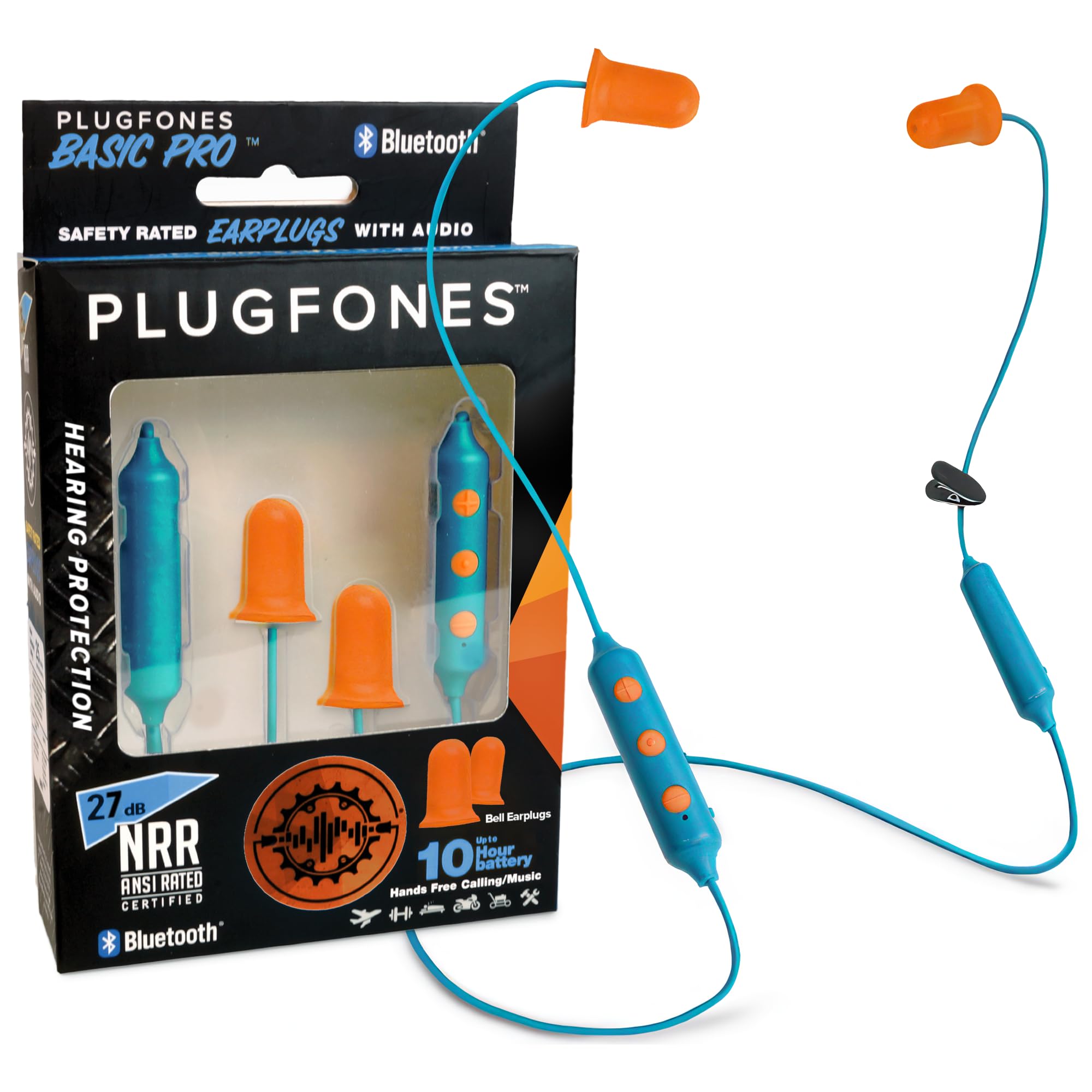 Plugfones Basic Pro Wireless Bluetooth in-Ear Earplug Headphones Earbuds 27 dB Noise Reduction Rating Headphones with Noise Isolating Mic and Controls 10 Hour Battery Life (Blue & Orange)