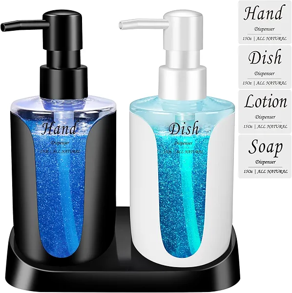Kitchen Soap Dispenser Set, Contains Hand and Dish Soap Dispenser, Black White Modern Dual Soap Pump Bottle Dispenser, with Fixed Trays and 4 Stickers, for Kitchen, Bathroom