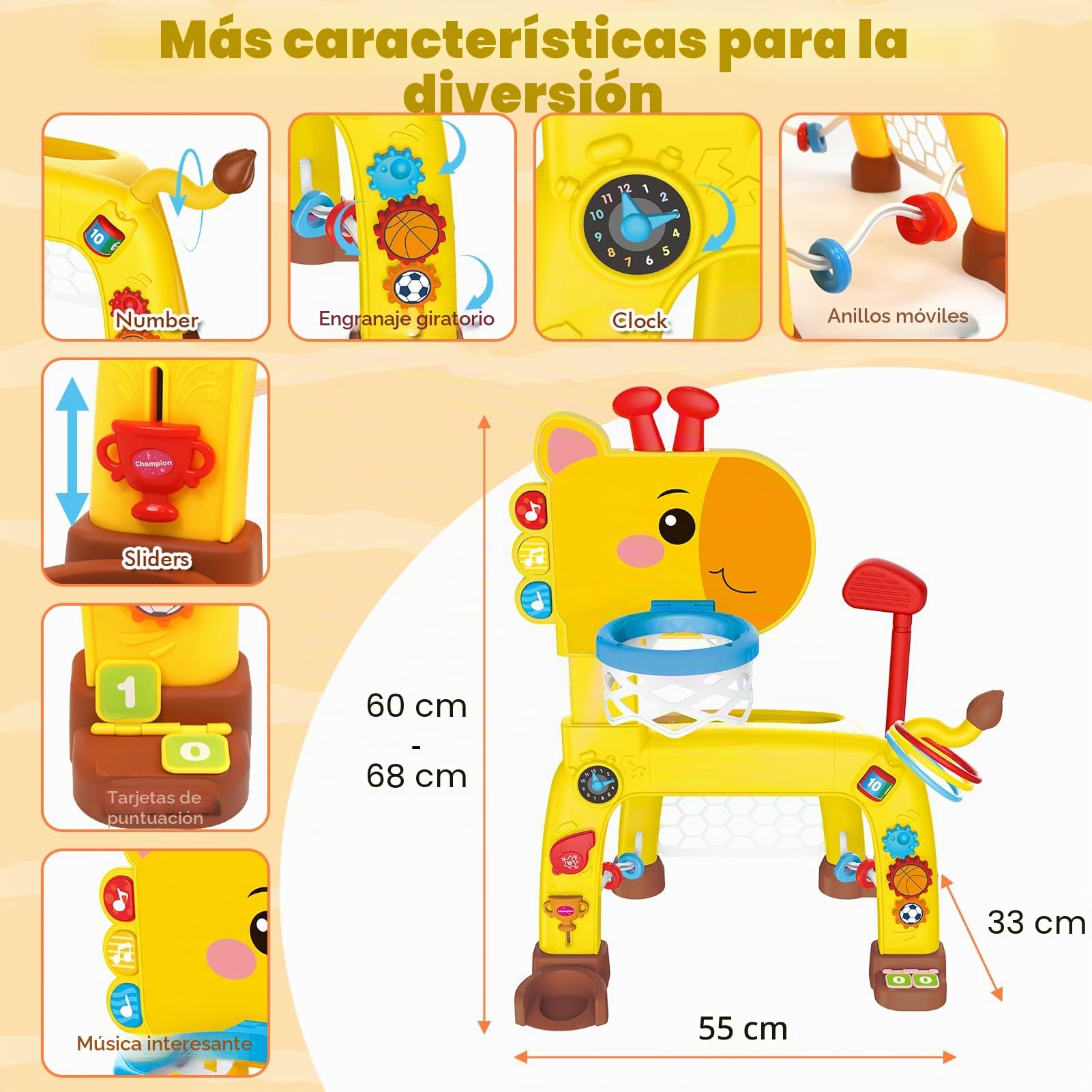 Wdmiya Centro Deportivo 4 en 1 para Niños, Centro de Deportes con Baloncesto, Fútbol, Lanzamiento del Anillo, Golf y Musical,Canastas Baloncesto Infantiles Actividad con Altura Ajustable