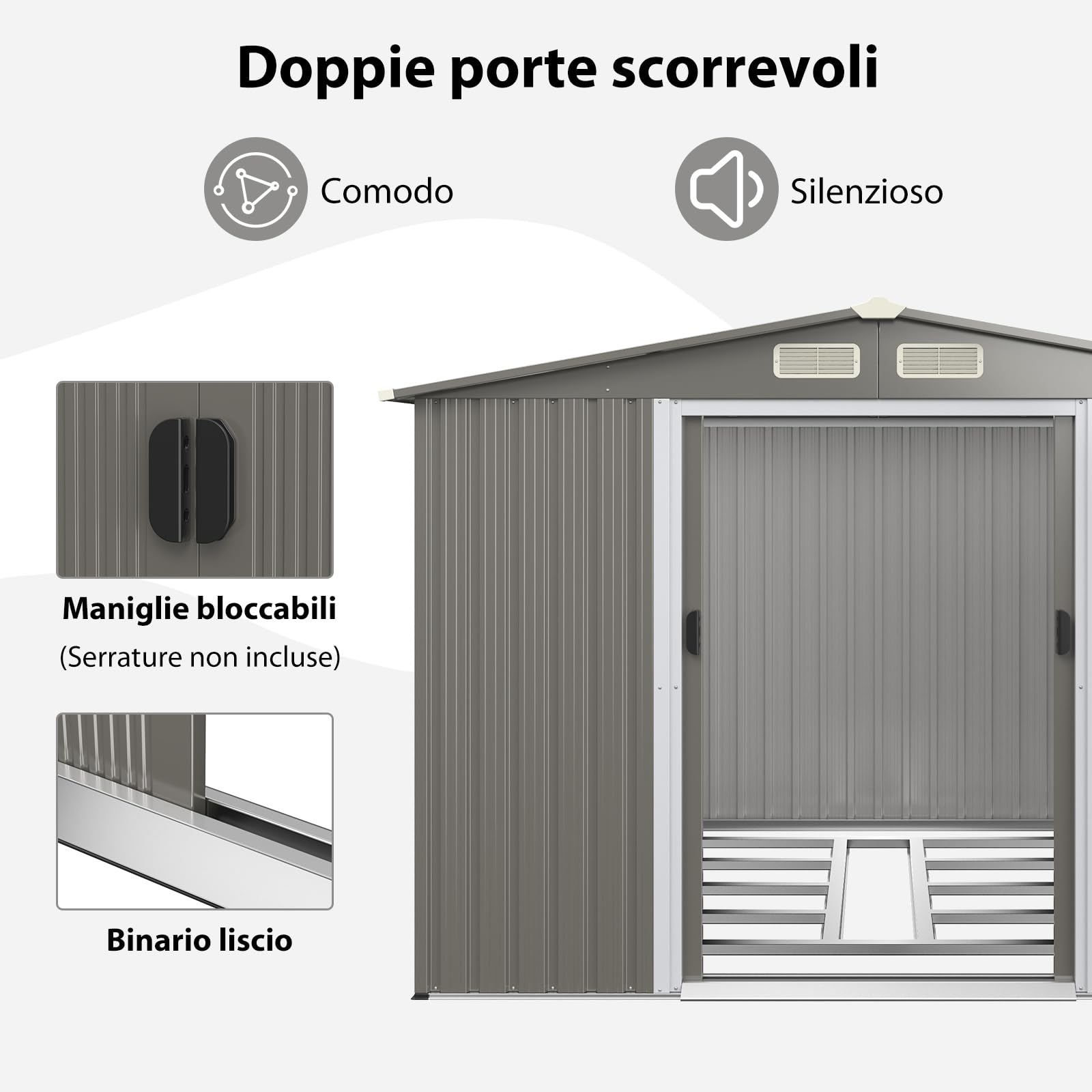 COSTWAY Casetta da Giardino 4,74㎡, Capanno da Esterno in Lamiera Acciaio Zincato Resistente alle Intemperie con 4 Feritoie, Doppie Porte e Rampa, 260 x 207 x 181 cm (Grigio chiaro)