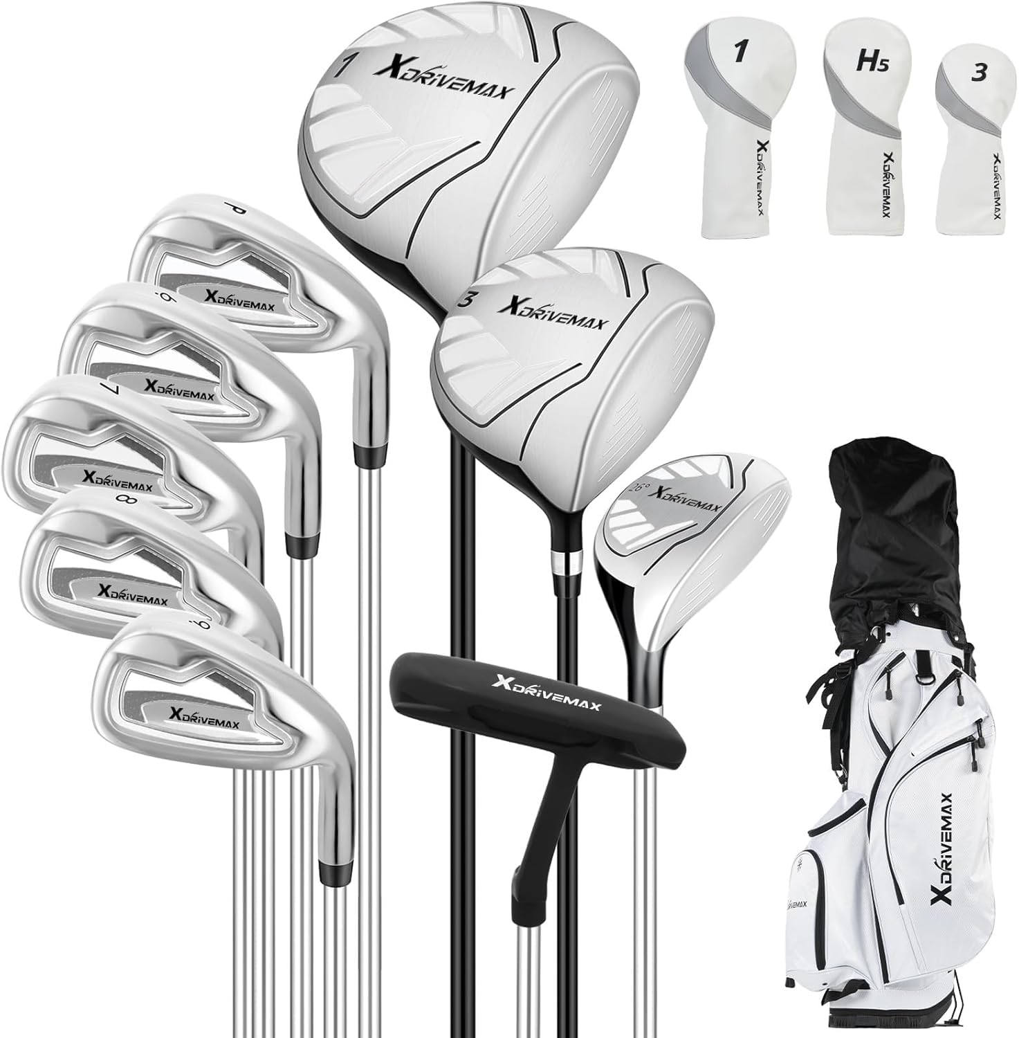 10 Pieces Golf Clubs Full Set Mens Right Hand,Golf Set Includes Stand Bag with Rain Hood, 1#Driver 3#Wood #5 Hybrid,with 3 Head Covers, 6# 7# 8# 9# PW# Irons and Putter,White