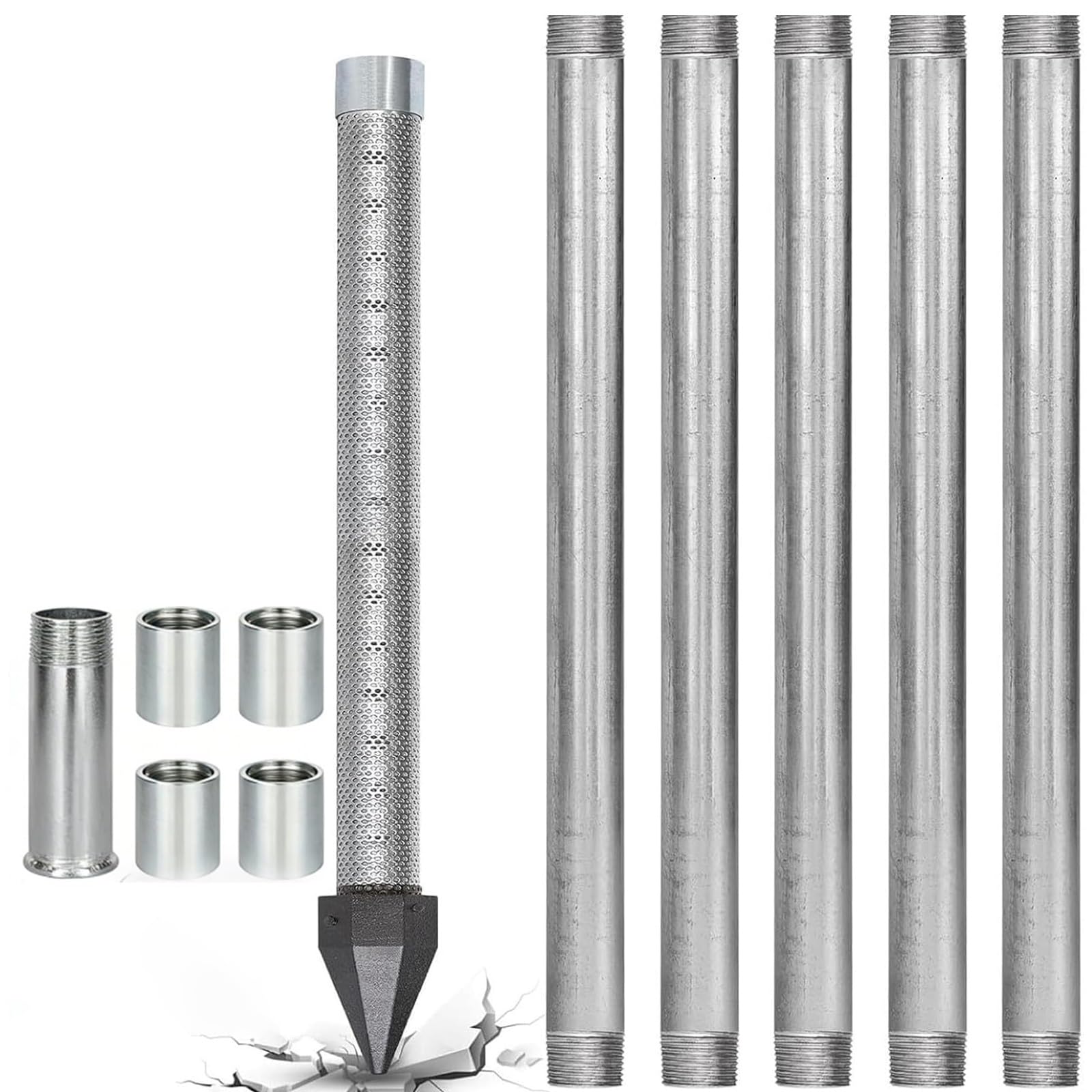 Well Drive Point Kit, 1-1/4" Stainless Steel Sand Point Well for Aquifer Access, Heavy Duty Shallow Well Drilling Kit with Galvanized Pipes, Couplings, 60 Gauze Mesh(5+1kit)
