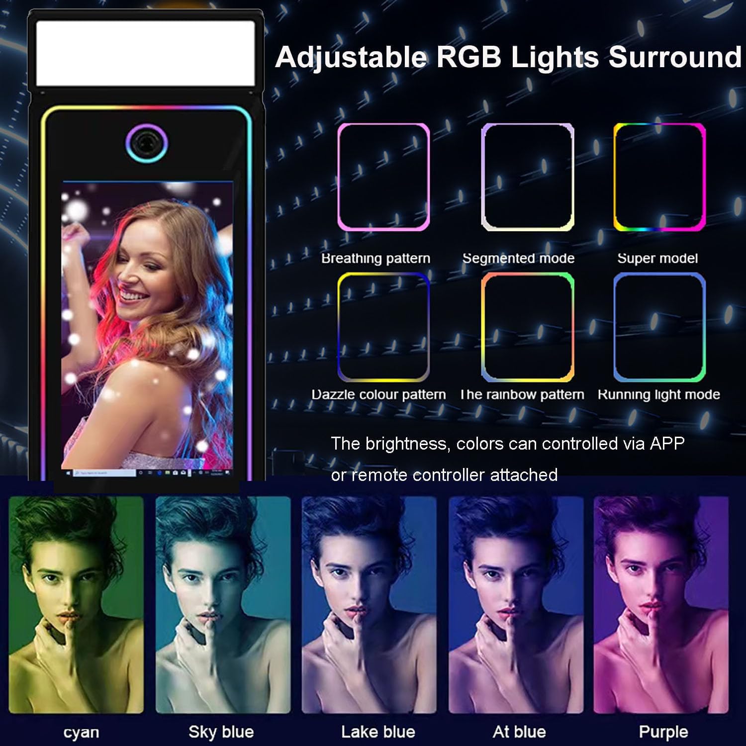 Magic Mirror Photo Booth 109.2 cm ekran dotykowy, aparat do fotobudki DSLR z kwadratowym światłem do selfie, ramka RGB, wbudowany mini PC, natychmiastowy druk na imprezy weselne (109 cm kompletny