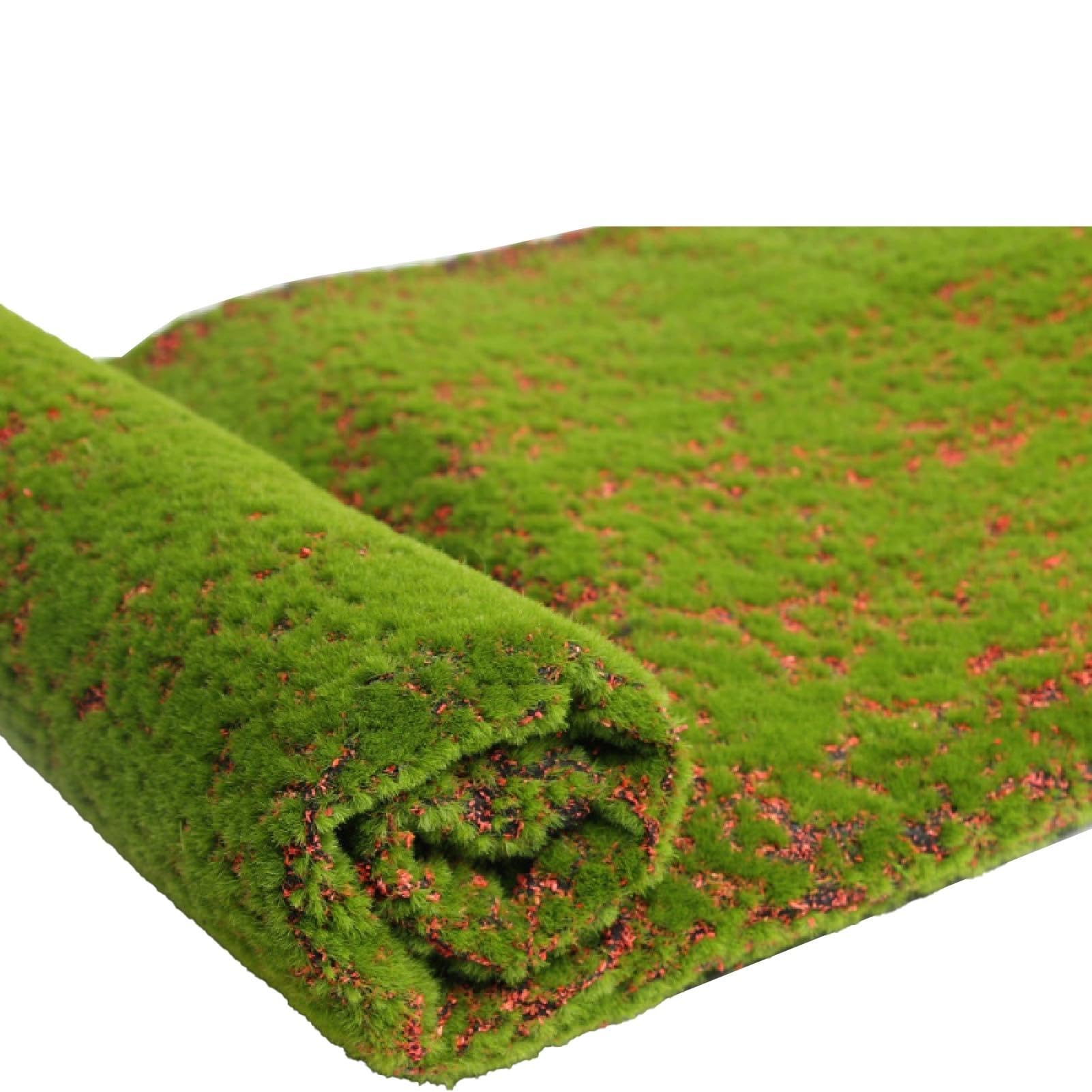 Porceosy Foldable Natural Green Faux Moss Grass Mat Table Runner, Artificial Fake Grass Pad for Living Room Indoor Planters DIY Crafts, Table Centerpieces Fairy Garden Wedding Decor Red Dot#
