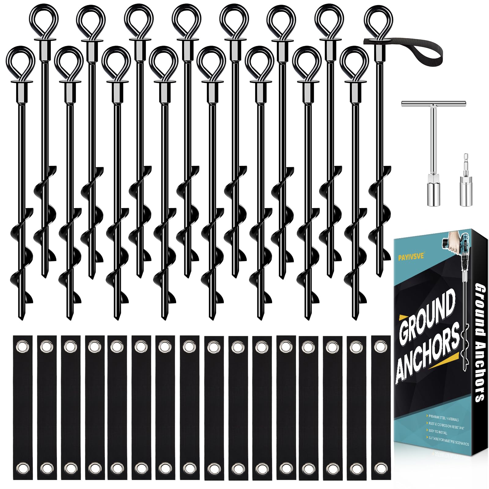 Trampoline Anchors Stakes Ground Anchors Screw-in with Straps,Black-16x15in