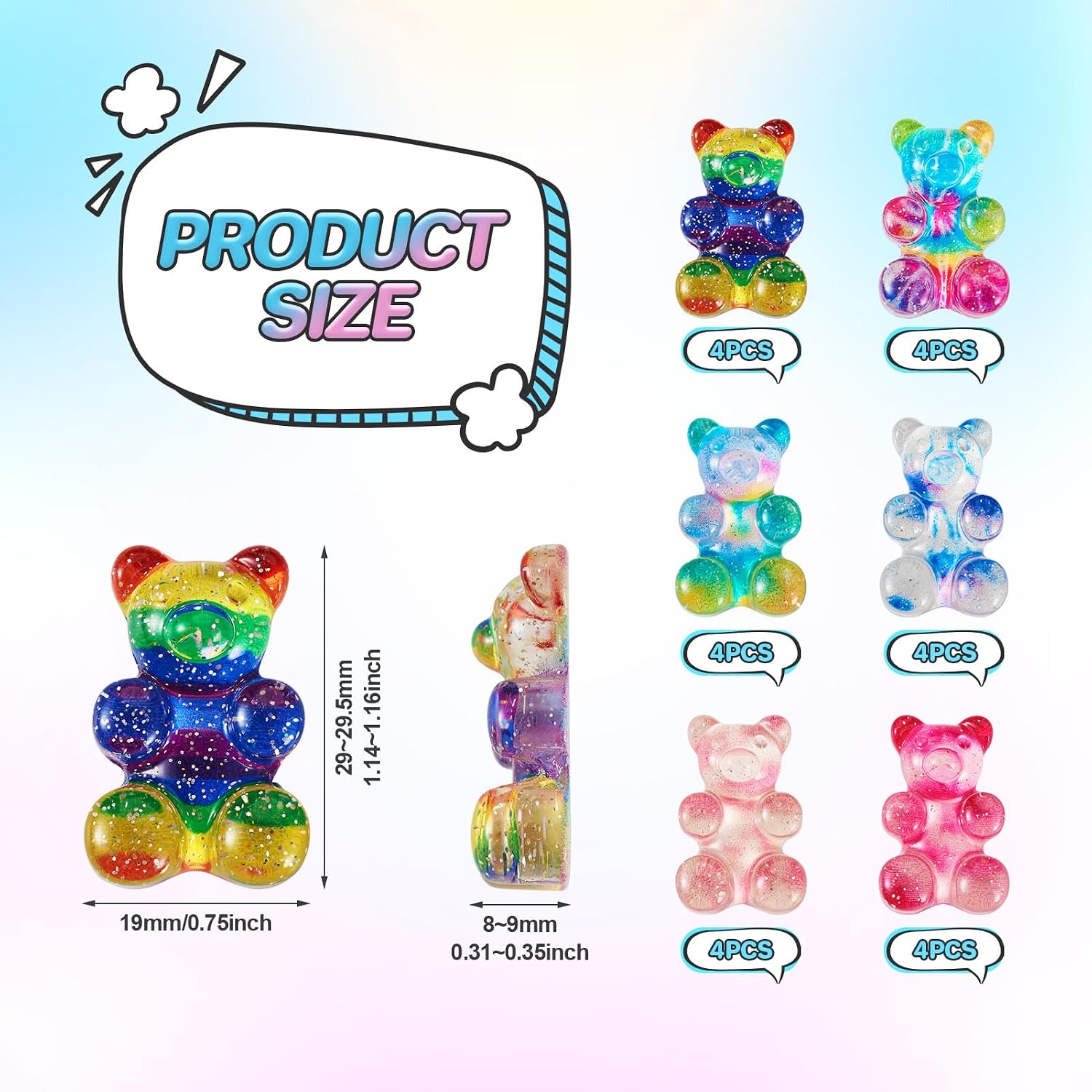 Pandahall 24pcs Resin Gummy Bear Flatback Cabochons - Cute Glitter Cartoon Bear Charms, 6 Colors for DIY Jewelry, Phone Case, Nail Decoration image 5