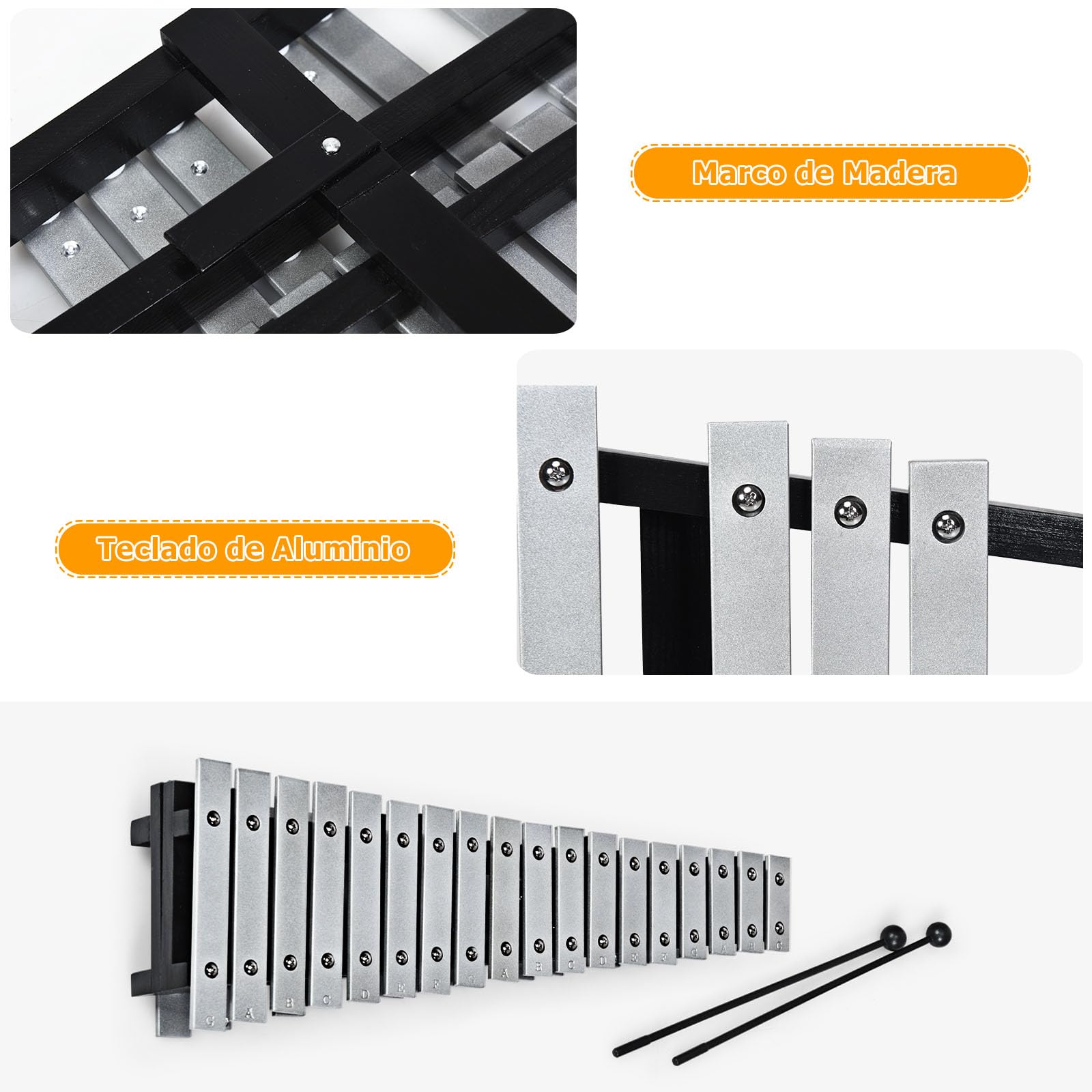 GOPLUS Glockenspiel de 30 Notas Plegable, Xilófono Portátil con 2 Baquetas y Bolsa de Transporte, Instrumento Musical de Percusión con Teclas de Aluminio y Base de Madera, para Niños y Adultos