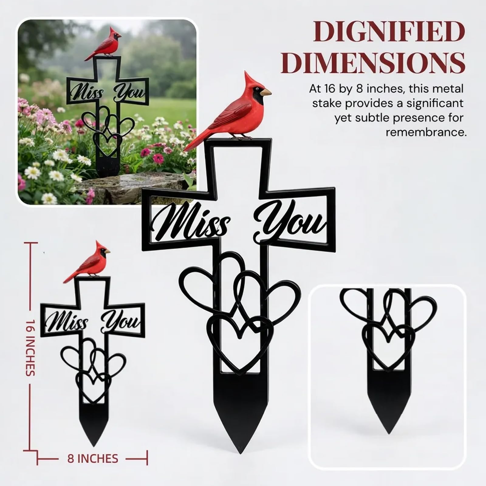 Metal Cemetery Memorial Plaque for Remembrance, Cardinal Memorial Grave Stakes Cross with Miss You Script & Heart Accent, Outdoor Ground Markers for Cemetery, Garden (1 PC) — view 6