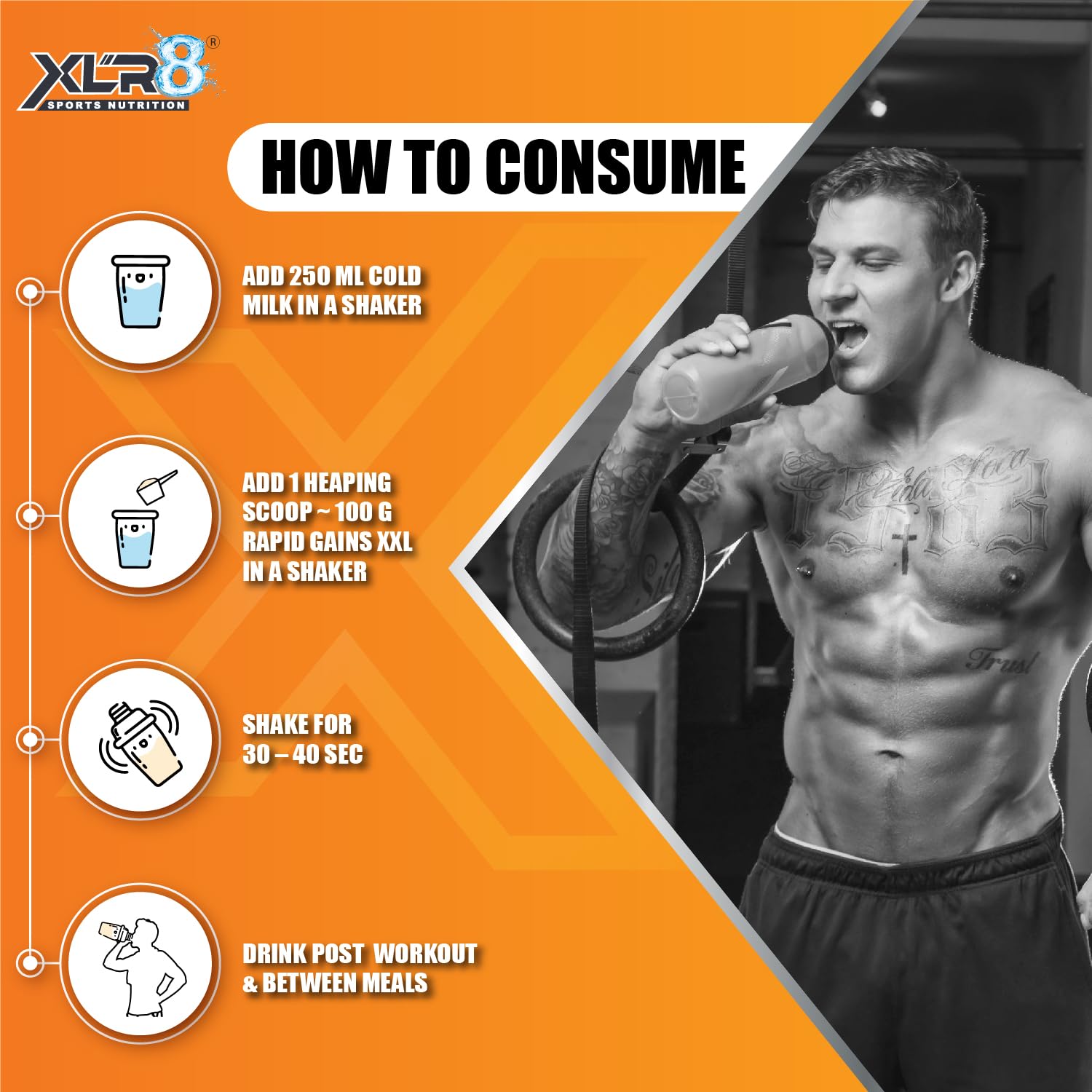 XLR8 Rapid Gains XXL High Protein and High Calorie Formula for Mass and Weight Gain with Performance Boosting Ayurvedic Herbs and Essential Vitamins (Swiss Chocolate, 2721 g (Pack of 1)) 2