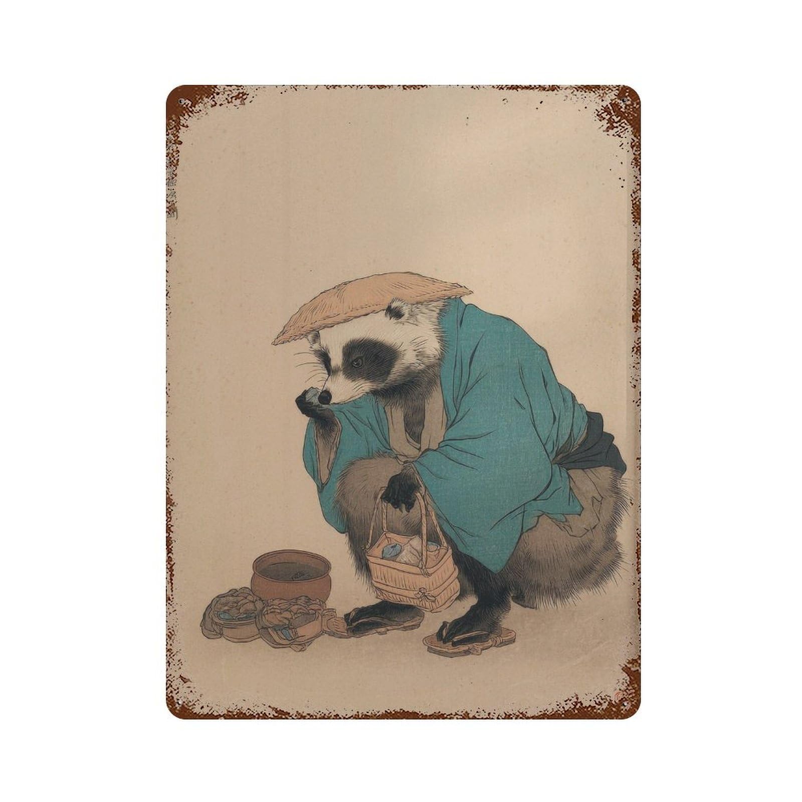 xiaoxiaoshen Raccoon In Kimono. Ukiyo Wall Decor Art Metal Tin Poster Modern Home Decor Art Home Bar Shop Decorations Vintage Sign 40x30cm