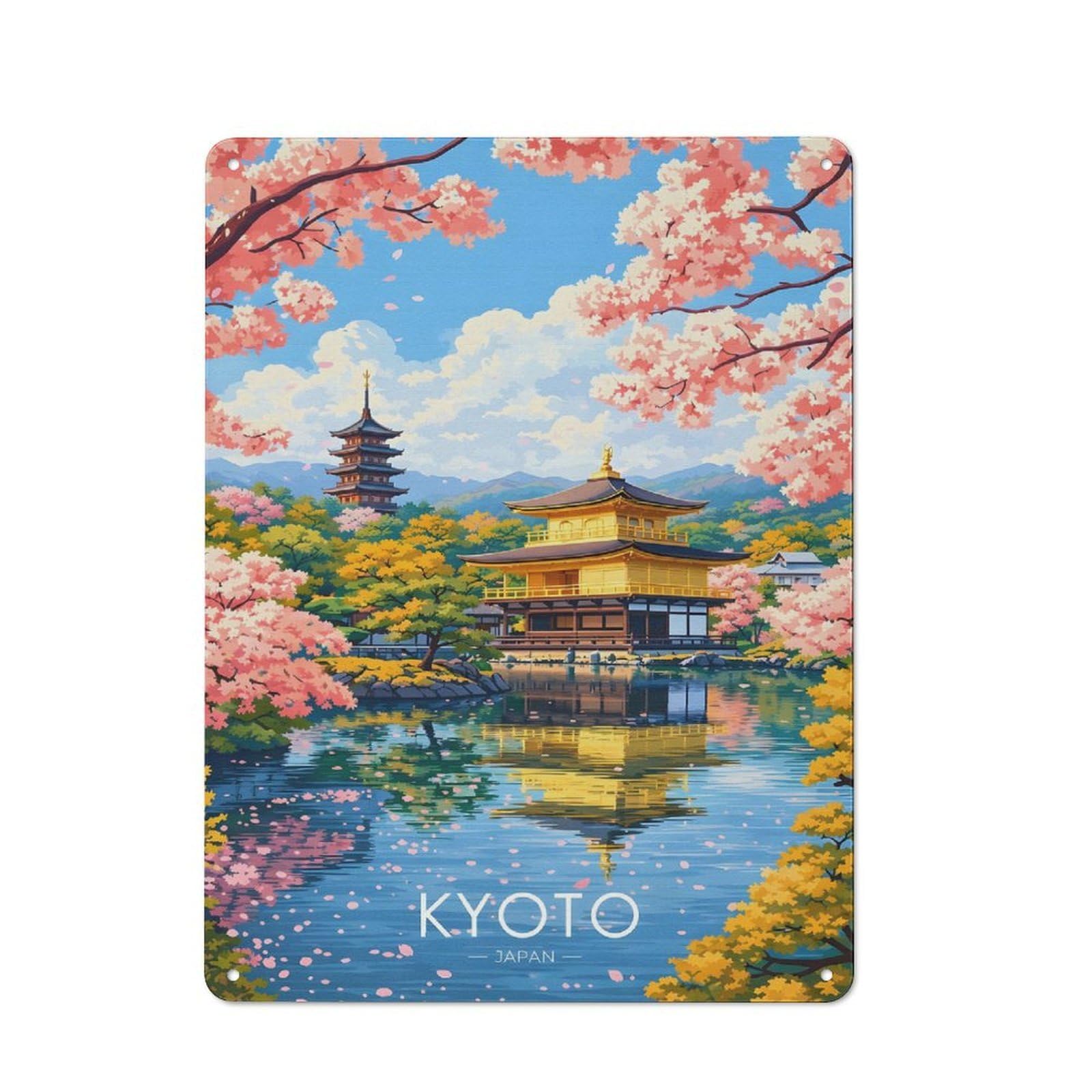 Junmoney Style-23 Classic Kyoto Golden Pavilion Cherry Blossoms Metal Wall Plaque 40X30cm, Nostalgic Wall Art For Living Room, Hallway, Kitchen Or Cafe