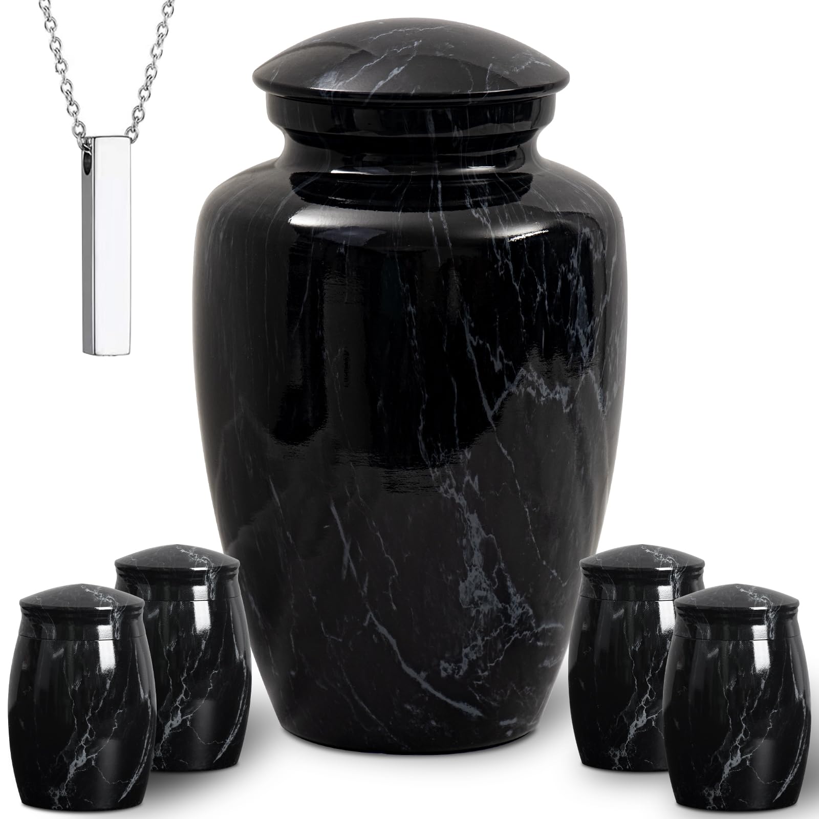 Set di 6 urne funebri e cremazione per ceneri umane adulto/donna – 1 grande urna nera con finitura in marmo per ceneri adulte maschio con 4 piccole urna abbinate e 1 collana per ceneri