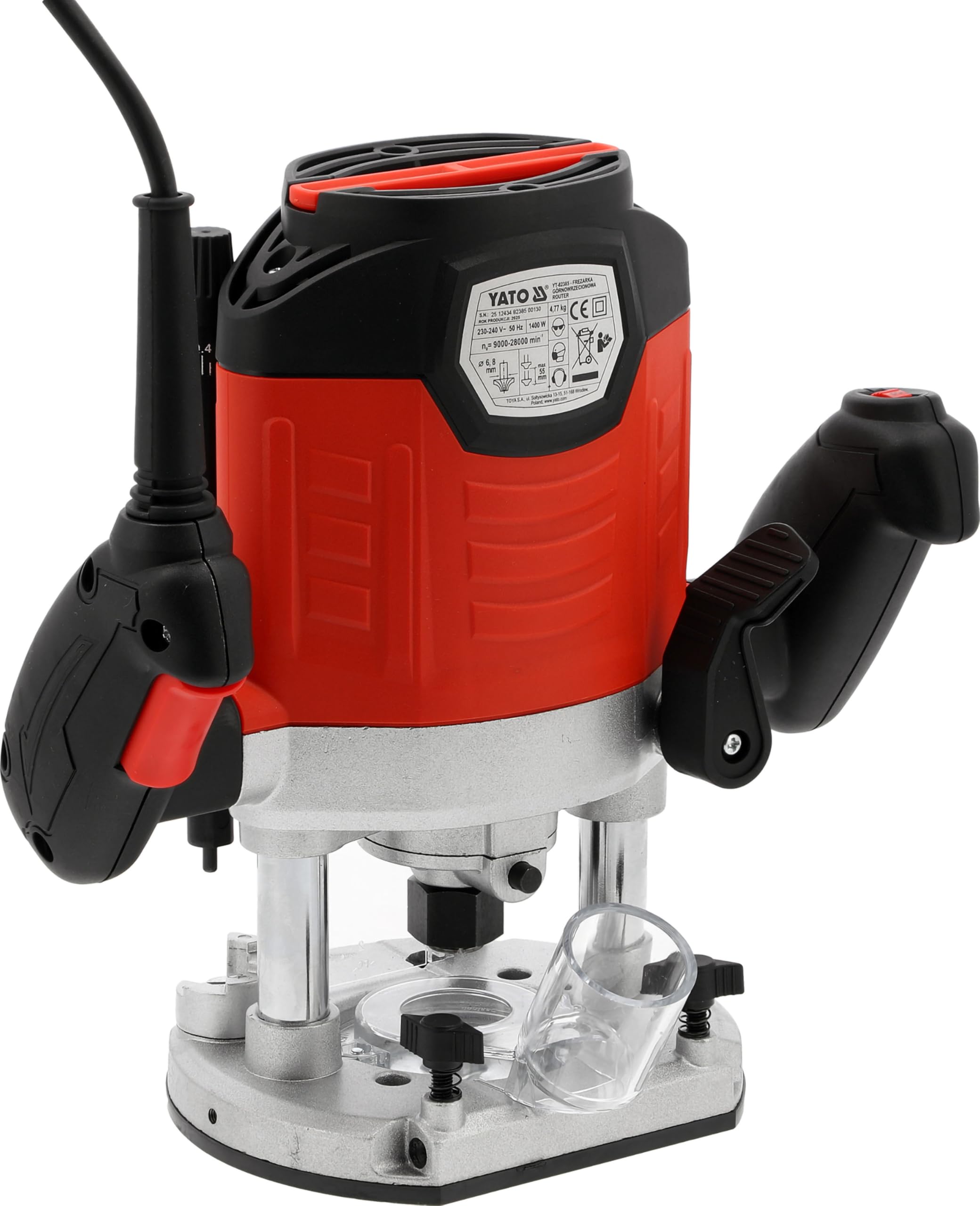 Wydajna frezarka górnowrzecionowa 1400 W, regulacja prędkości obrotowej, materiał drewnopochodny, mocowanie 6/8 mm, Soft‑Start, odsysanie pyłu