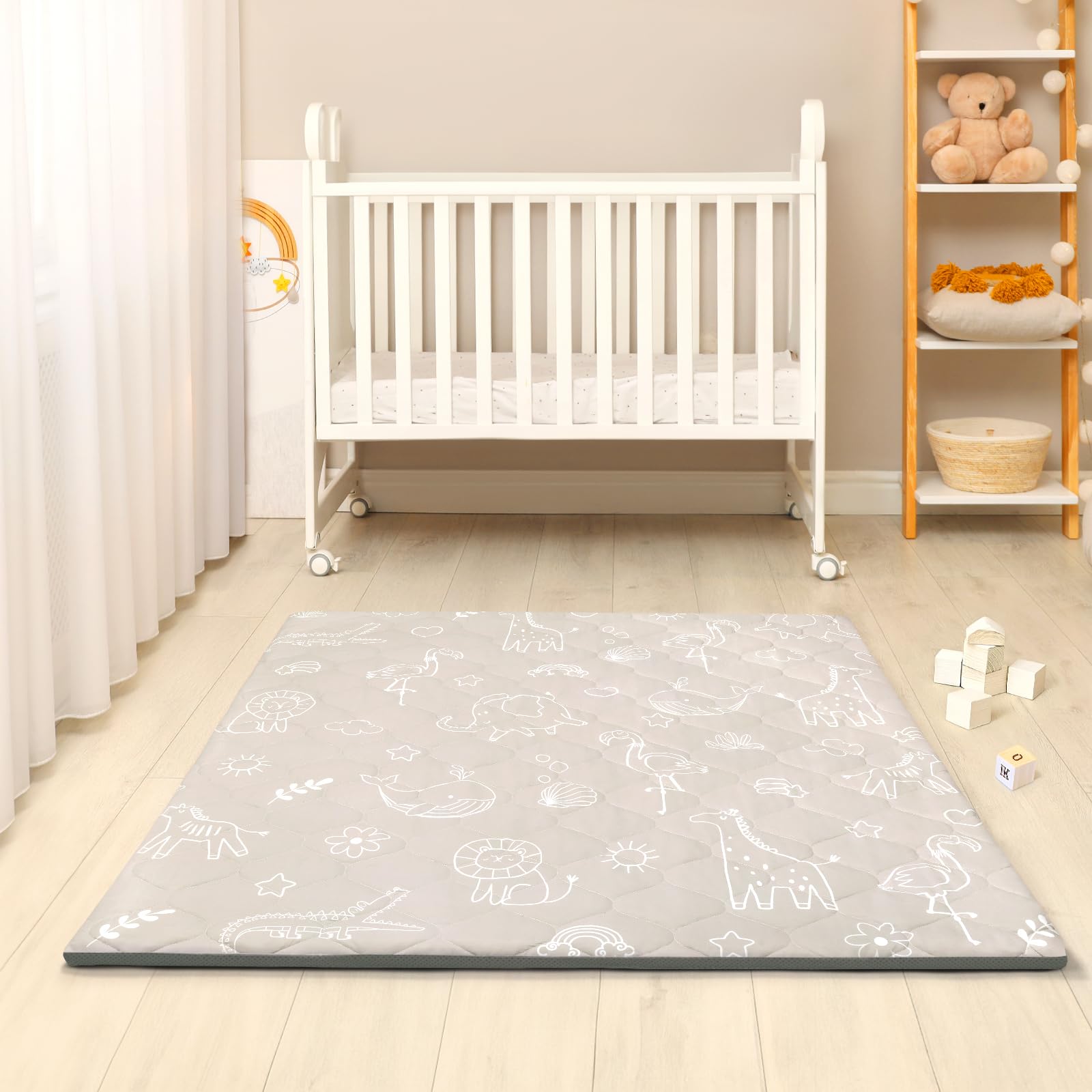 Alfombra Bebe 127×127 cm Desmontable Plegable, Espesar 2cm Alfombra Juegos Bebes Antideslizante, Tapete de Actividades Bebe Alfombras de Gateo Apto para Interior/Exterior/Valla (Animales con Líneas)