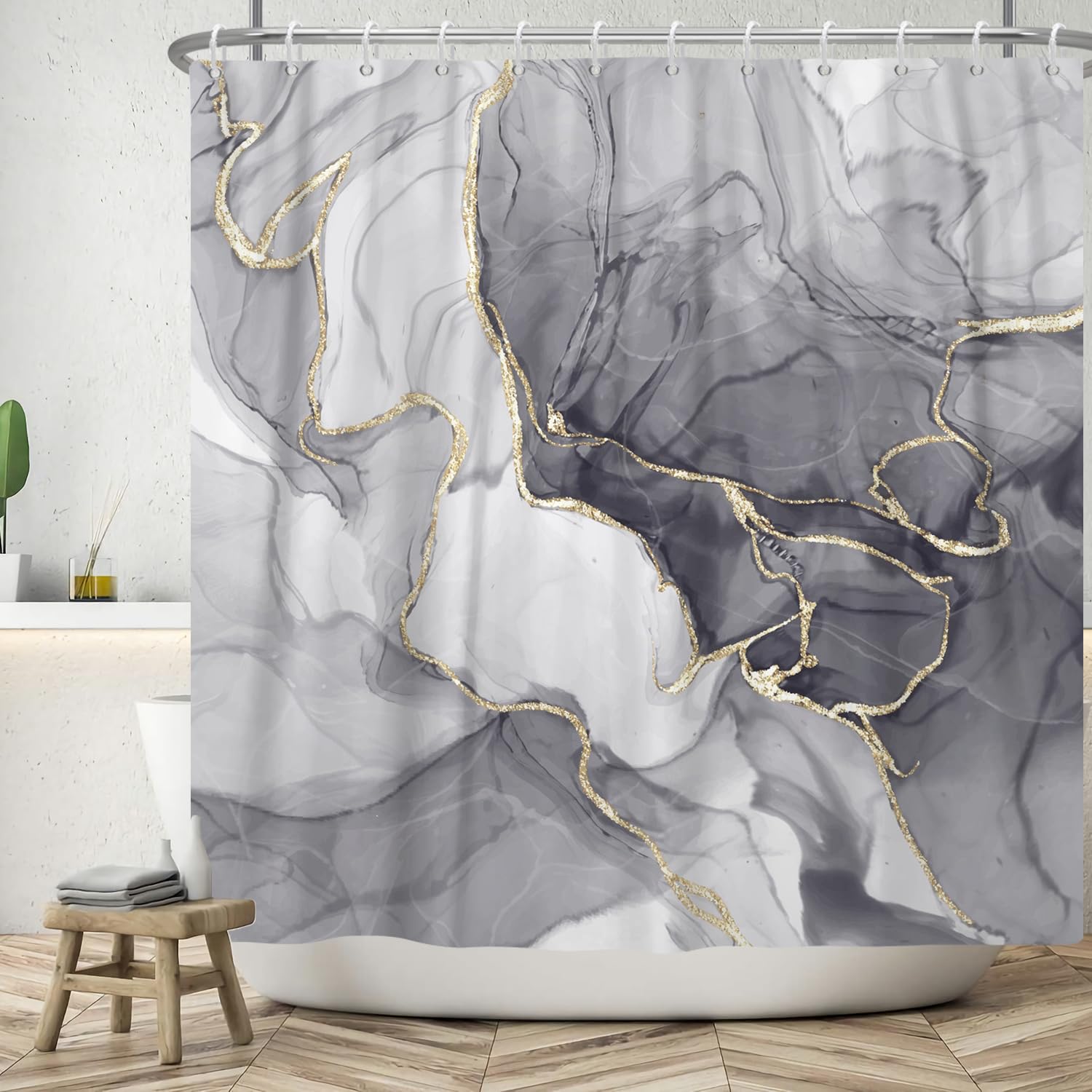 ASDCXZ Marble Shower Curtain 150x180 cm, Modern Abstract Grey Gold White Marble Optic Texture Washable Bath Shower Curtains Polyester Textile Waterproof Shower Curtain for Bathtub with 10 Hooks โ image 1