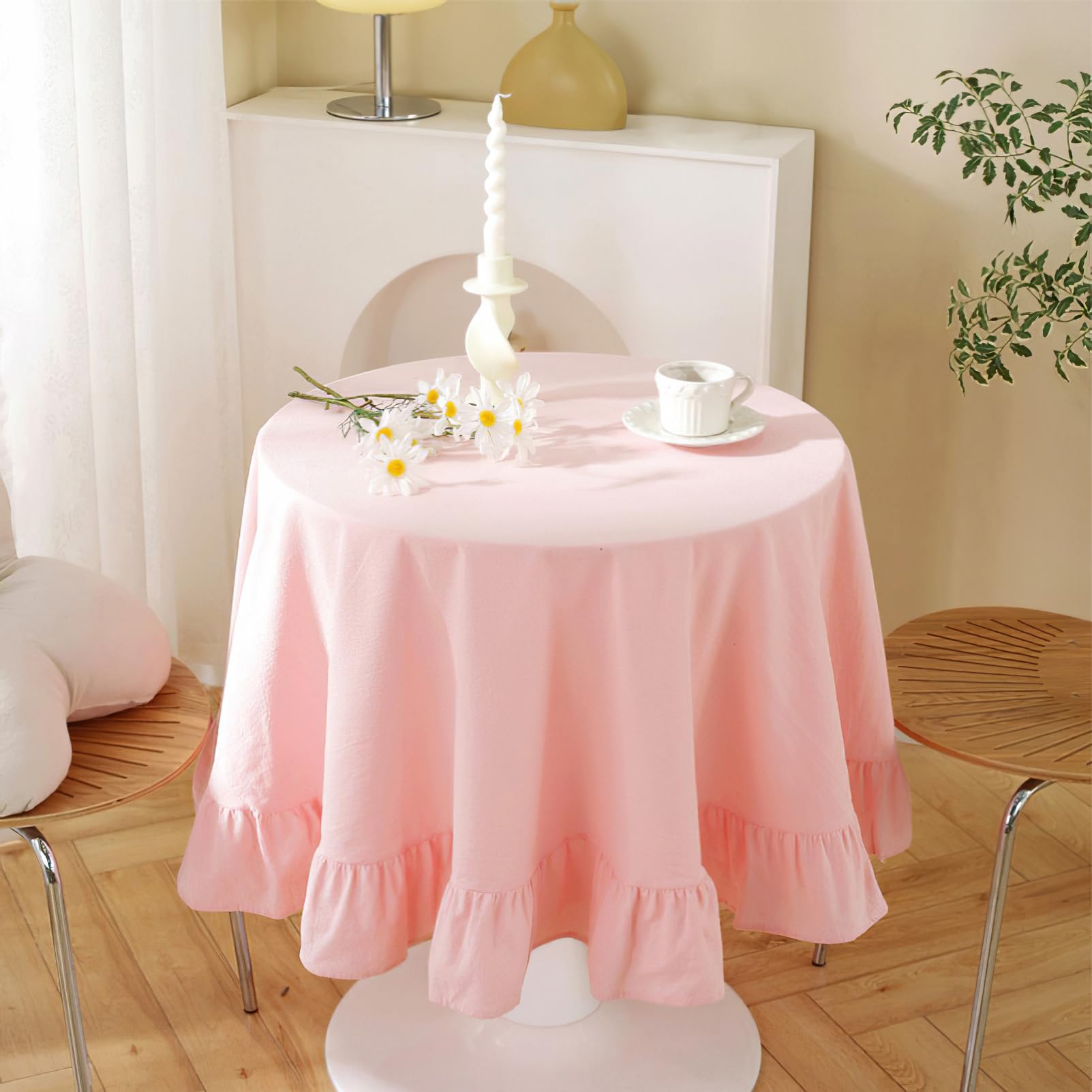 Nappe carrée à volants rose de style rustique pour table de cuisine chic pour fête, mariage, 140 x 140 cm