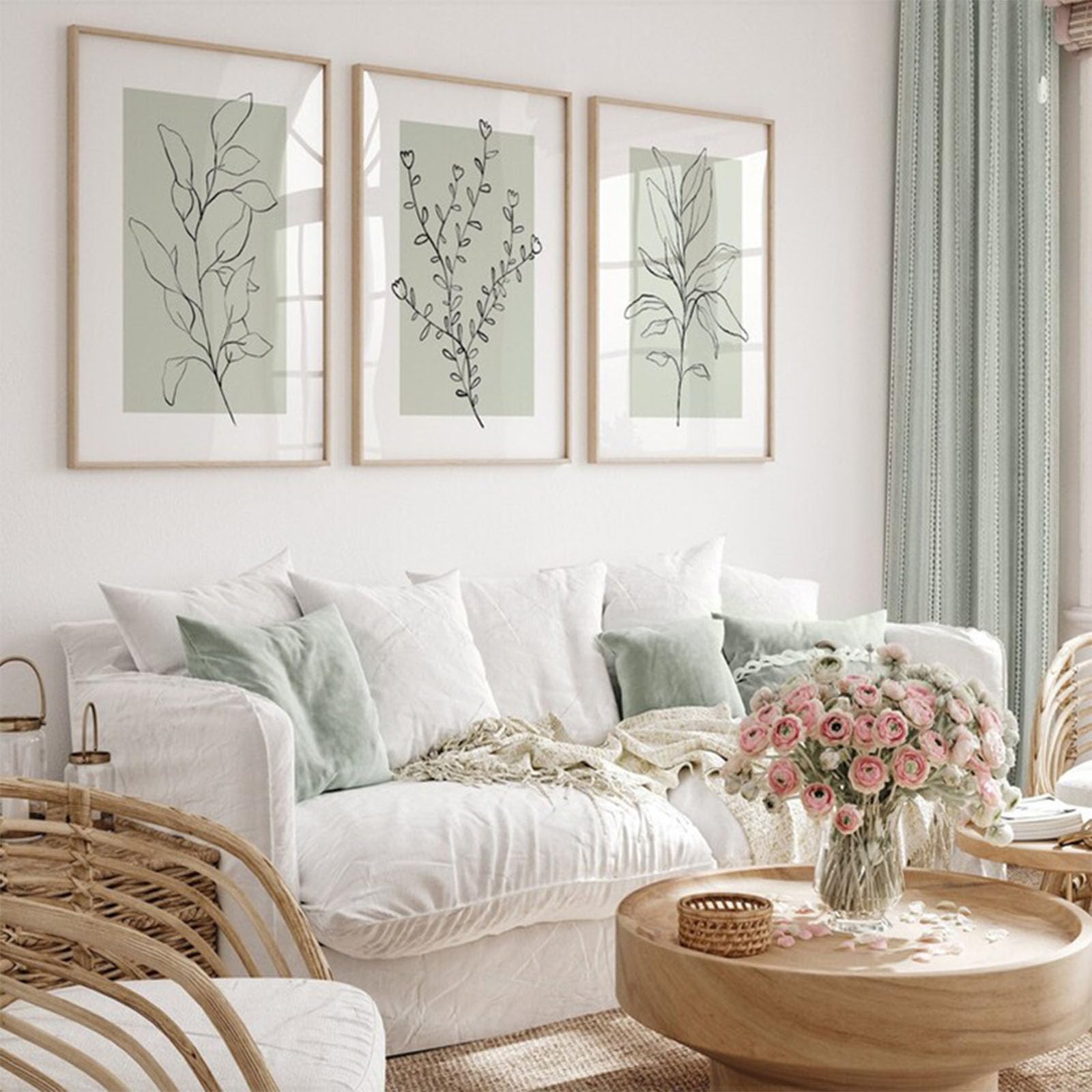 3 Poster Set Minimal Botanical Wall Art, Line Drawing Plant Prints with Soft Green Background, Modern Neutral Canvas Decor for Living Room Bedroom, Aesthetic Home Wall Pictures, Unframed (30 X 40 CM)