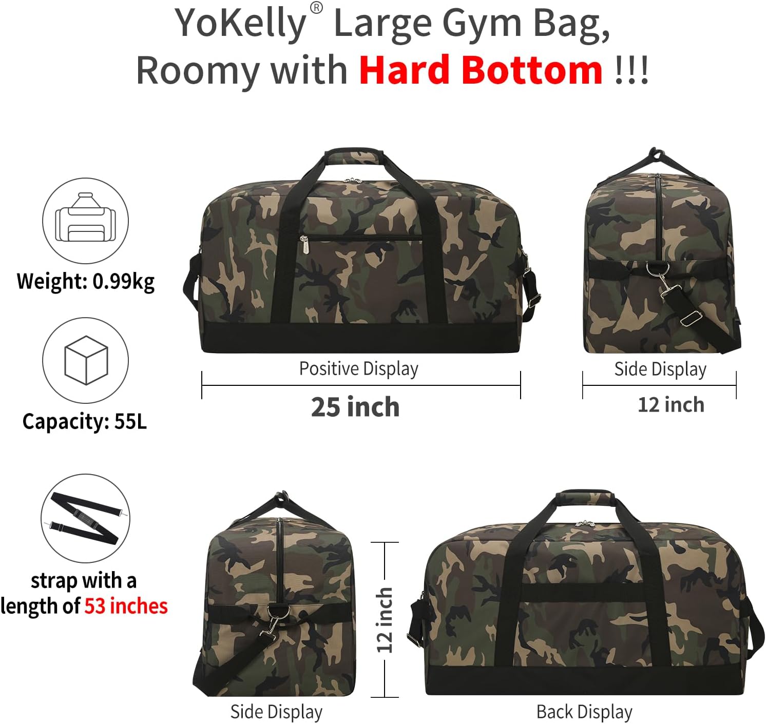 55L Large Duffle Bag for Men Travel - 25 inch Sports Duffel Bag with Hard Bottom - Camo - Image 7