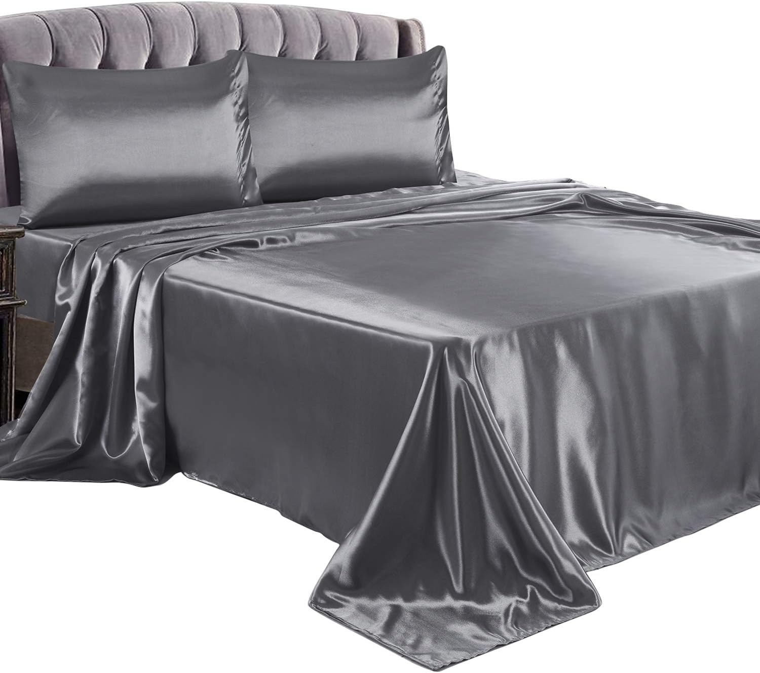LITHER Queen Size Satin Sheets Set Grey, Deep Pockets Fitted Sheet, Silky and Breathable Luxury Bed Sets