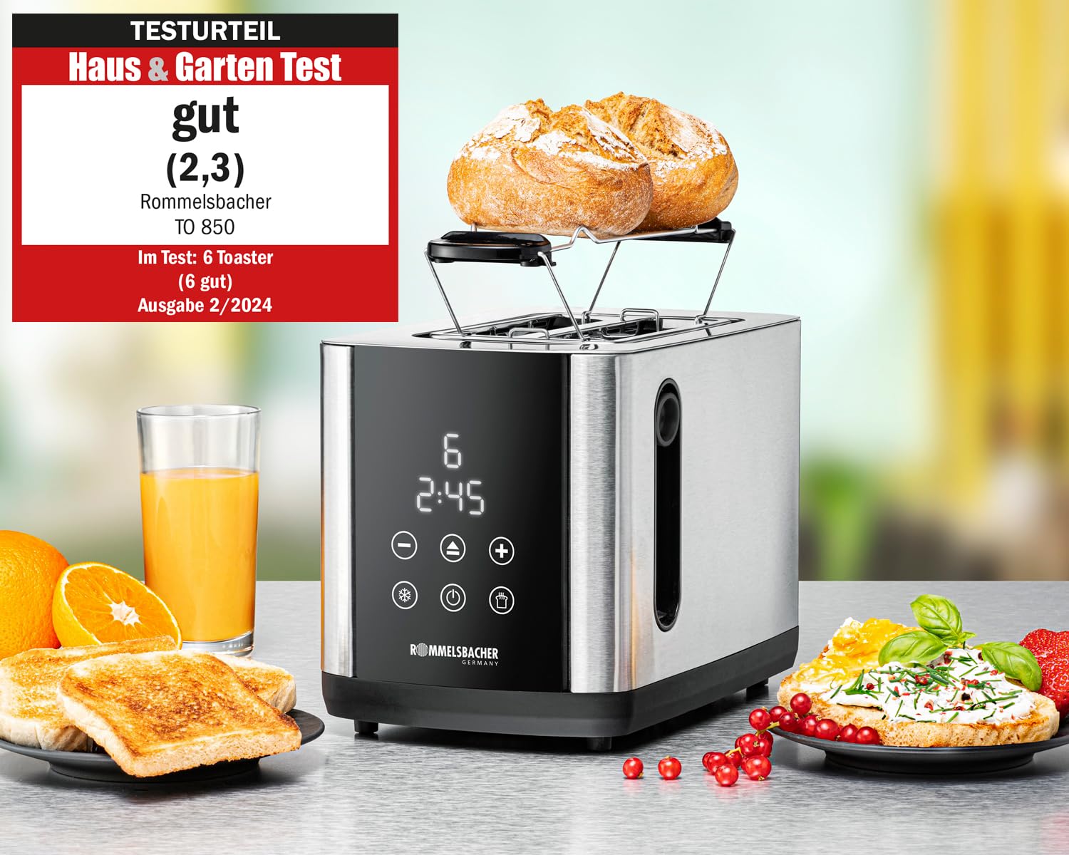 ROMMELSBACHER TOASTER TO 850, 2 ampie fessure per pane fino a XL toast, centraggio automatico del pane, display LED, indicatore conto alla rovescia, 9 livelli, scongelamento, inserto per panini,