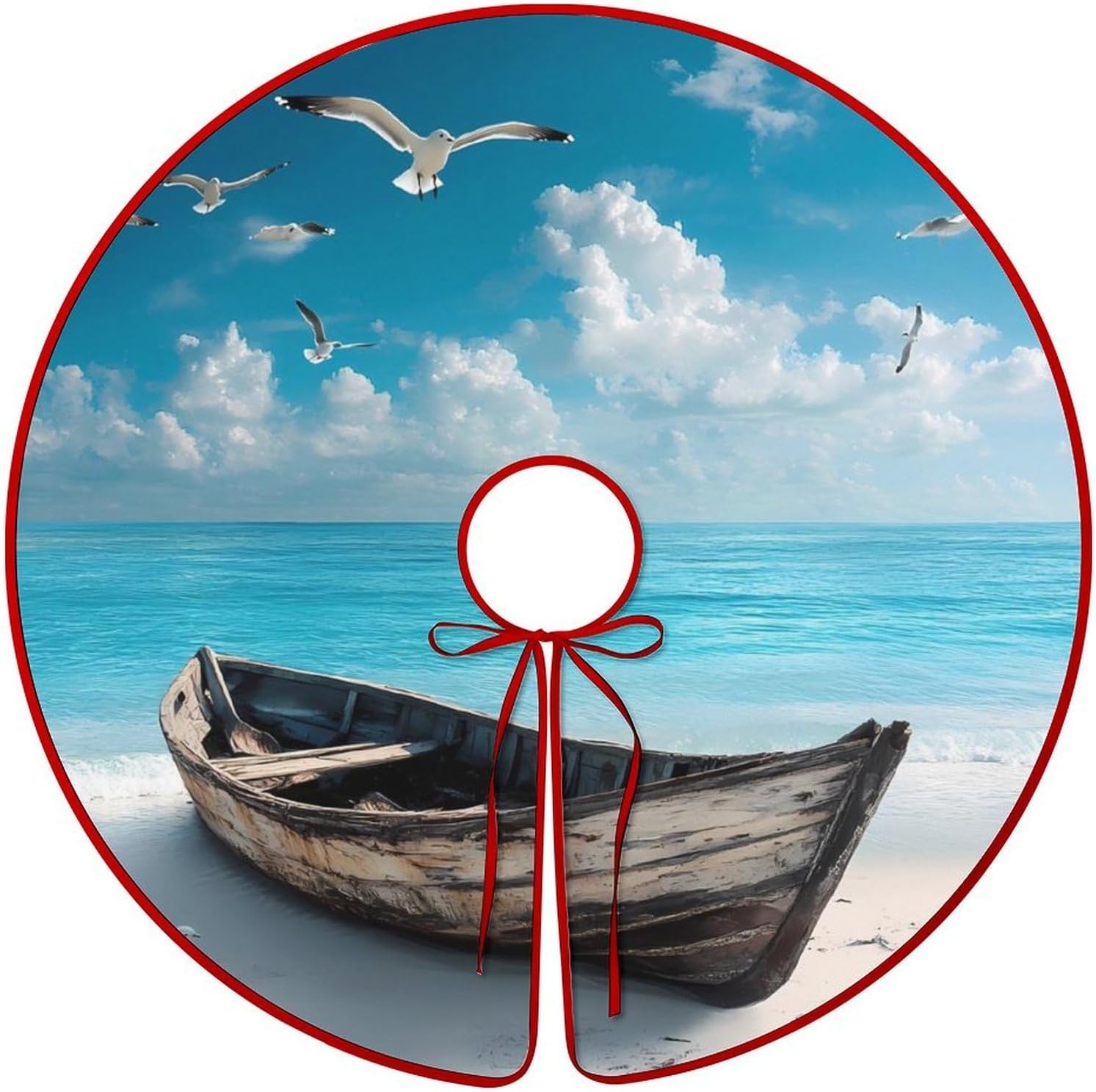 Boat on Beach Seagulls Christmas Tree Skirt Ornaments Christmas Tree Mat for Home Party Holiday Decorations