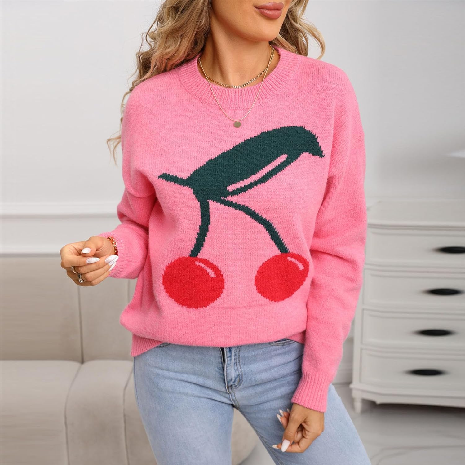 Women's Fall Sweaters Fashion Trendy Cherry Graphic Pullover Sweater Crewneck Long Sleeve Knit Tops Clothes Outfits