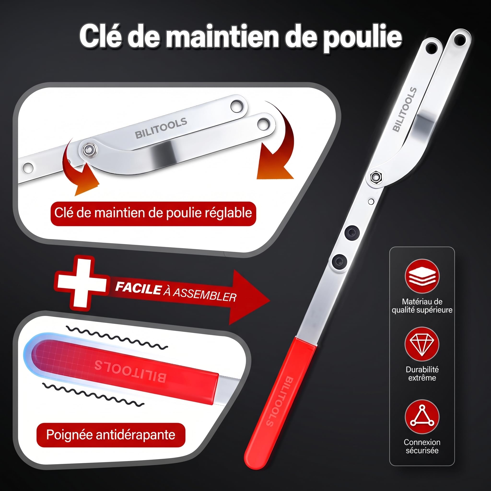BILITOOLS Clé Maintien Poulie Réglable Outil Poulie Vilebrequin | Clé poulie avec goupilles interchangeables pour maintien des poulies de vilebrequin et courroies accessoires